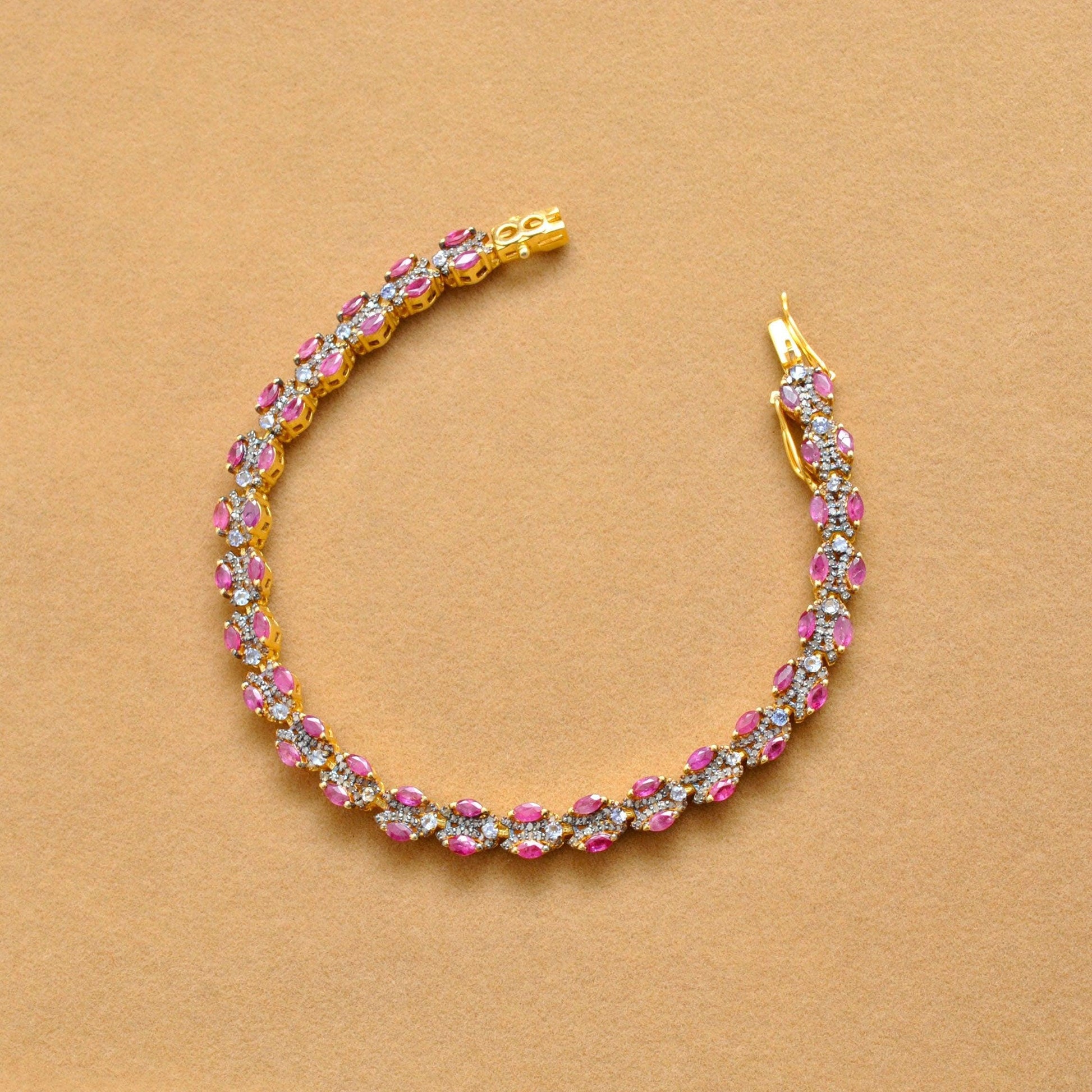 925 Sterling Silver Pave Diamond & Ruby 18k Gold Plated Bracelet Kanish