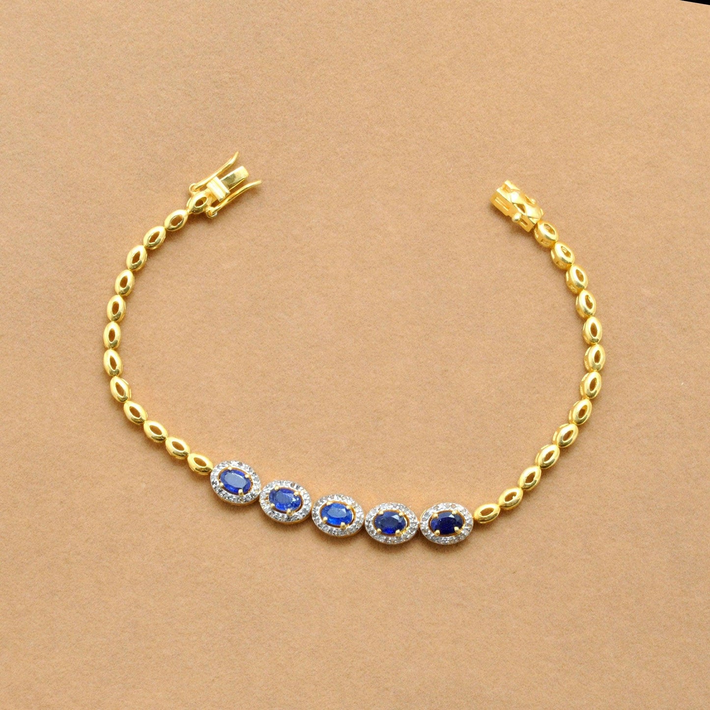 Diamond Solitaire Blue Sapphire Silver Bracelet Kanish