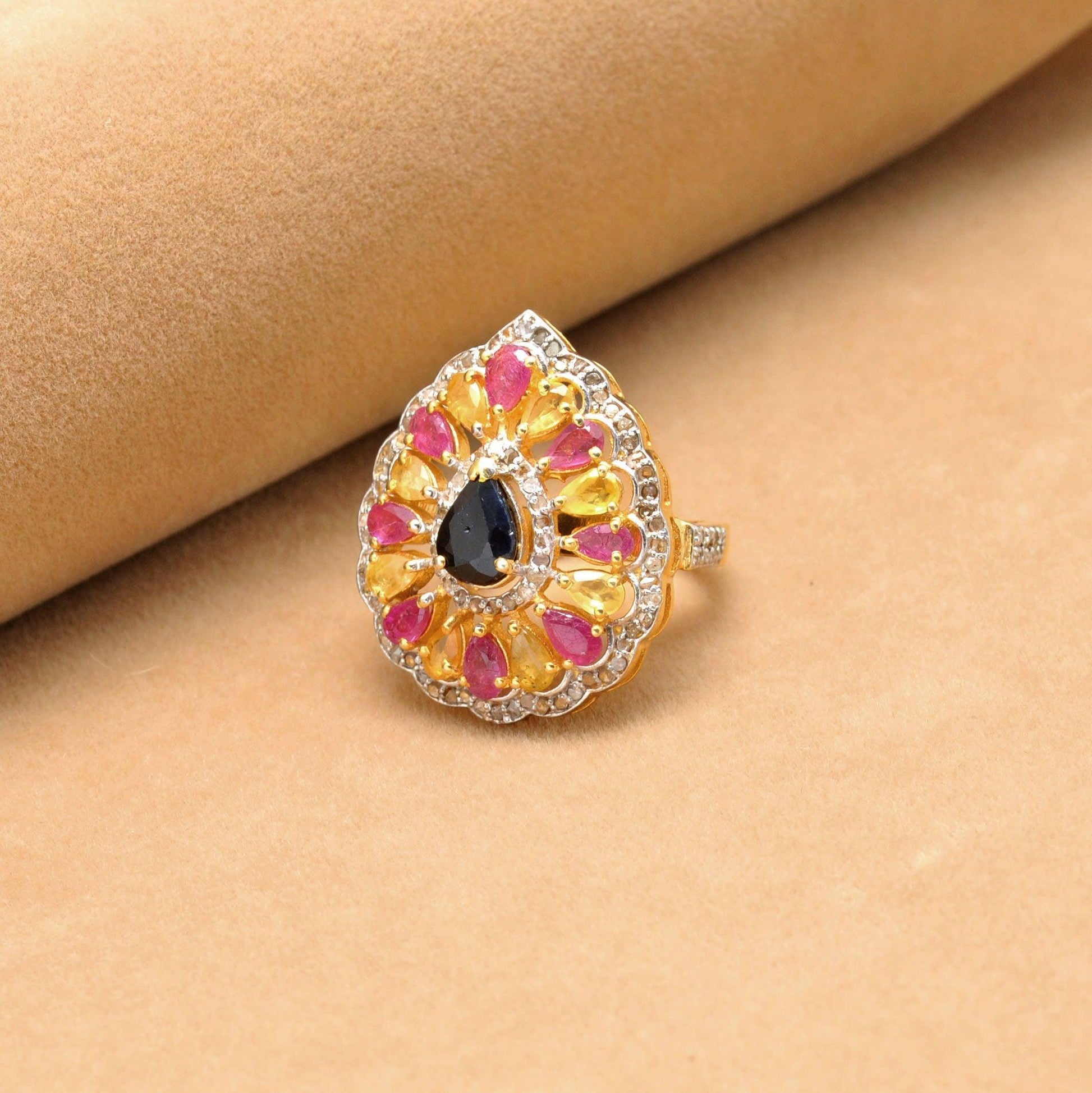 Multi Gemstone Diamond Victorian 18k Gold Ring Size 7 Kanish
