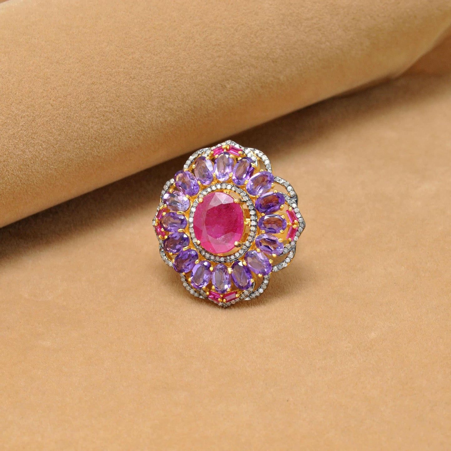 925 Sterling Silver Pave Diamond & Ruby Victorian Ring Kanish