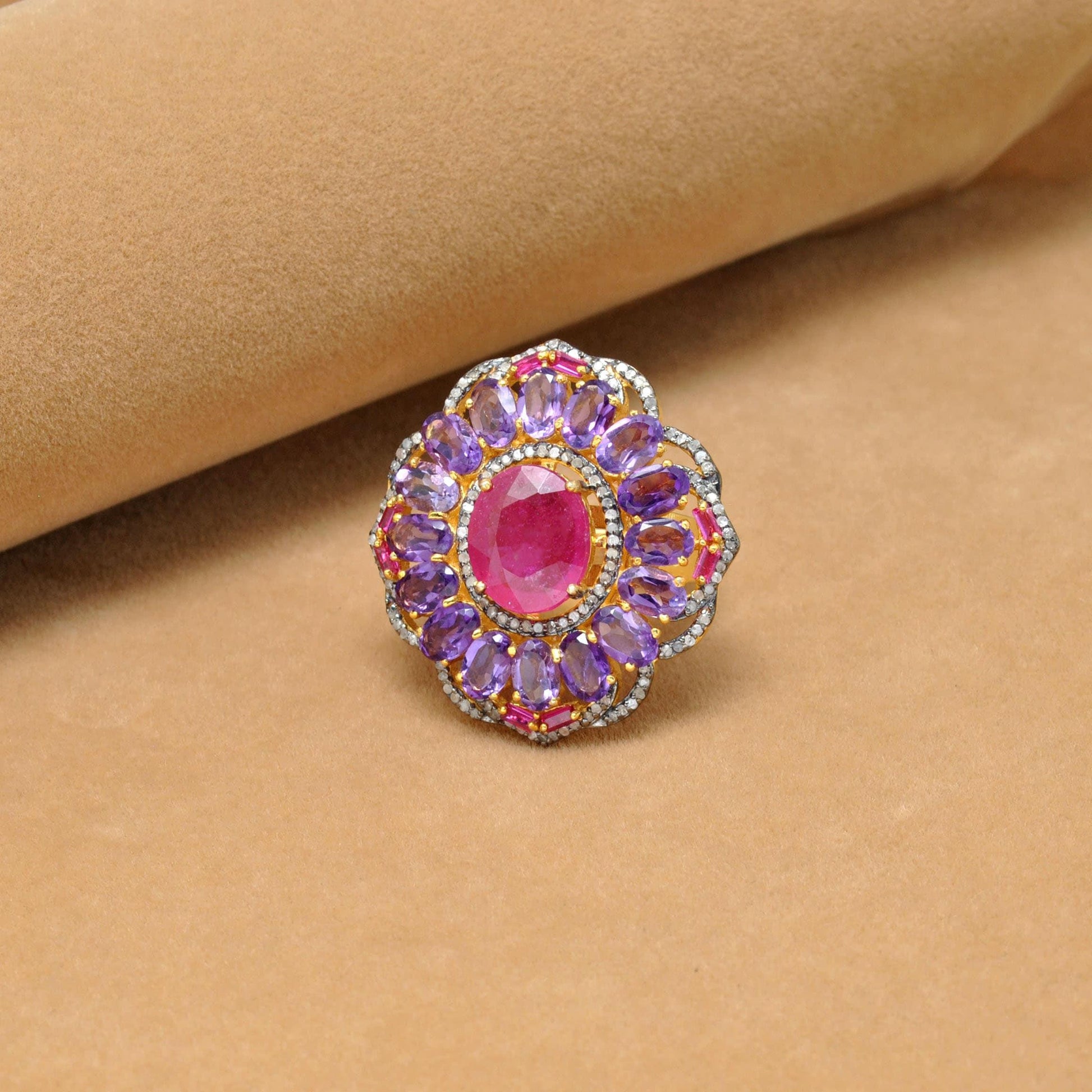 925 Sterling Silver Pave Diamond & Ruby Victorian Ring Kanish