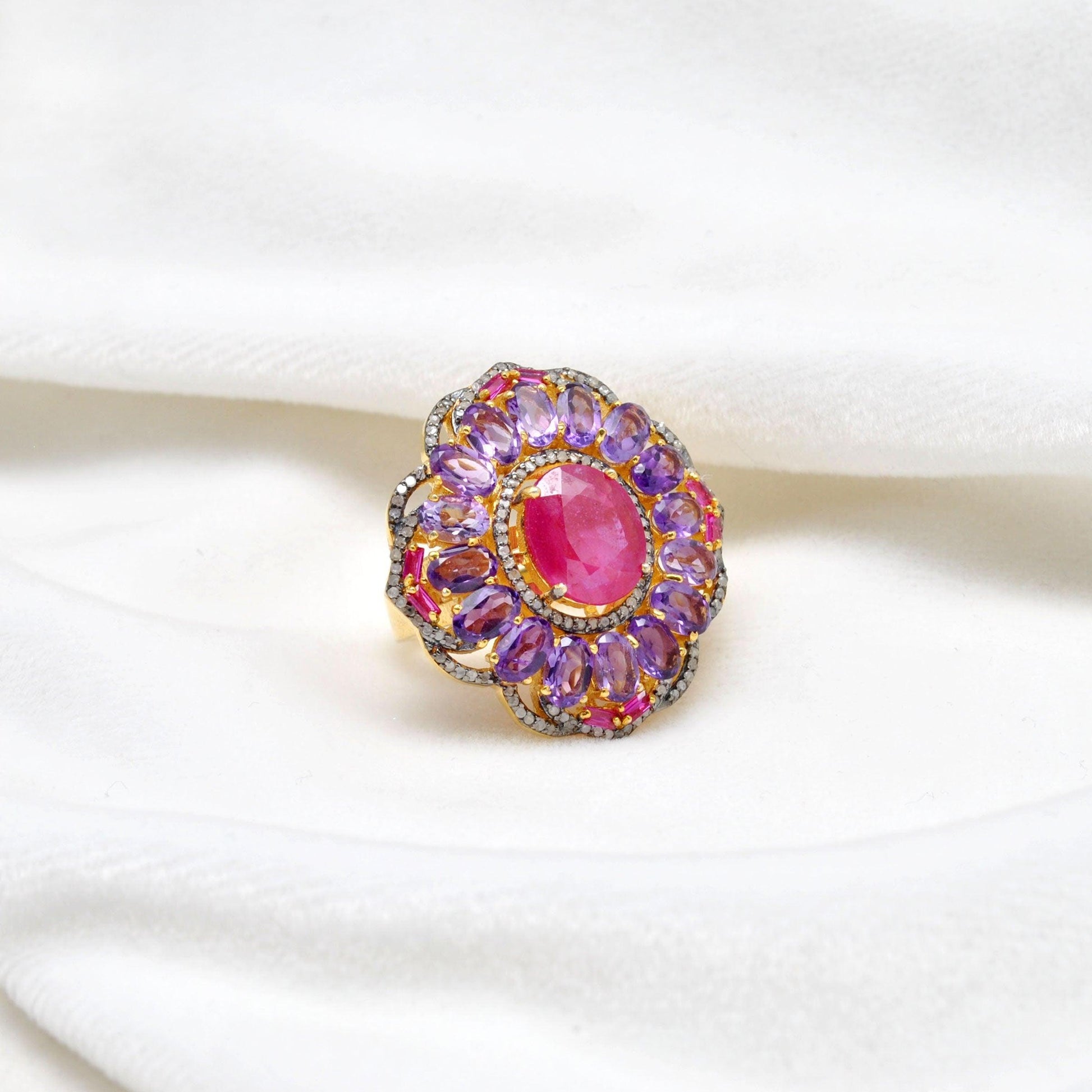 925 Sterling Silver Pave Diamond & Ruby Victorian Ring Kanish