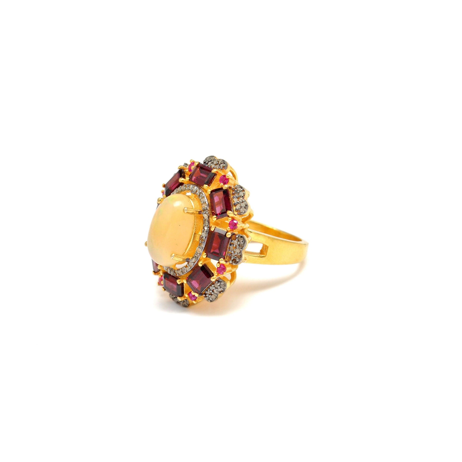 Baguette Garnet Ethiopian Opal Ring Halo Victorian Jewelry Kanish