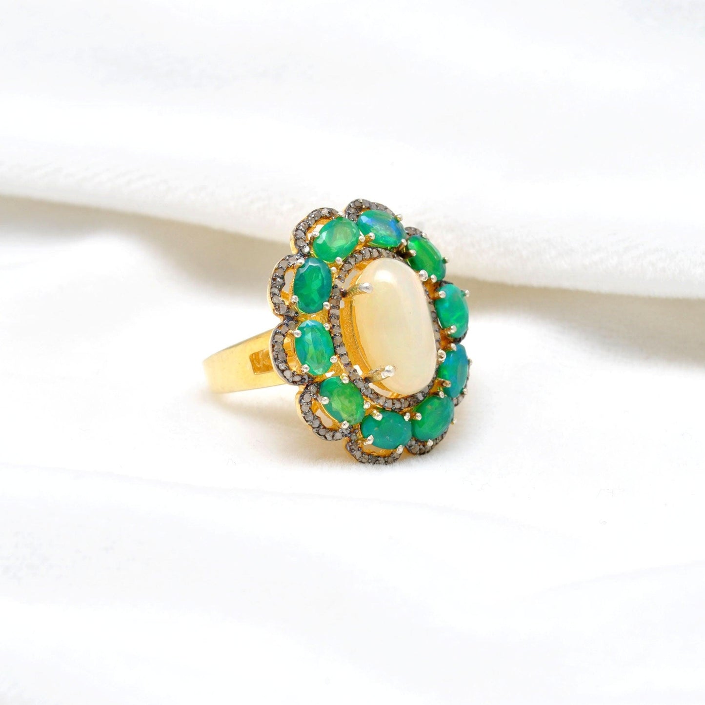 Estate Fire Opal Emerald Ring Halo Victorian Jewelry Kanish