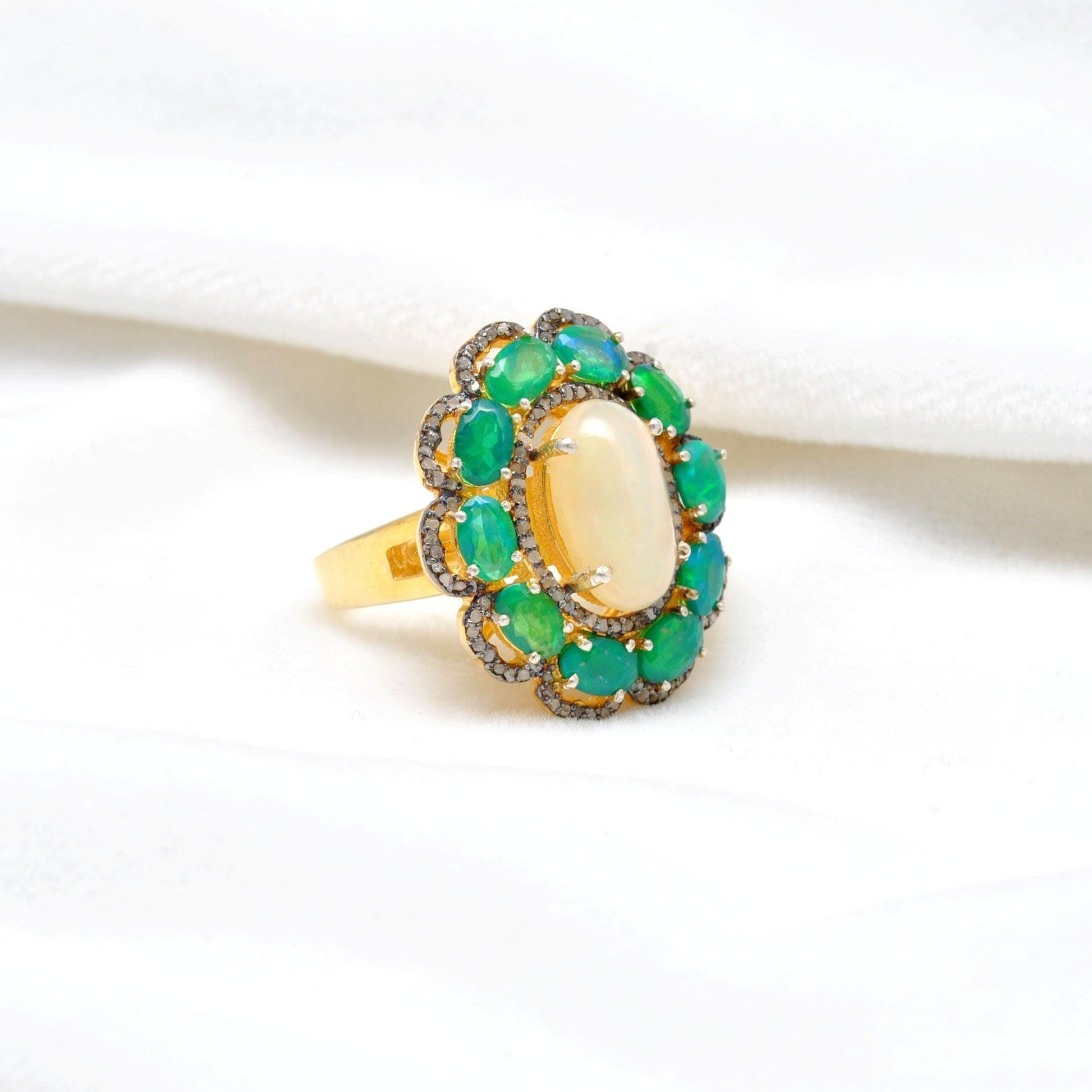 Estate Fire Opal Emerald Ring Halo Victorian Jewelry Kanish