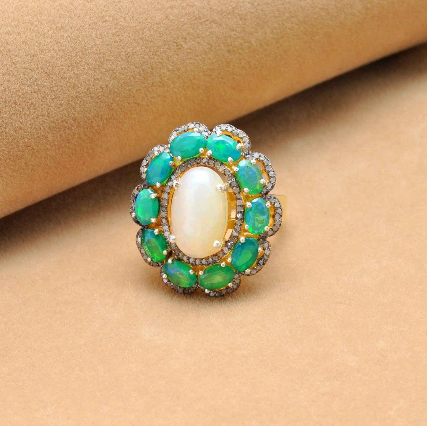 Estate Fire Opal Emerald Ring Halo Victorian Jewelry Kanish