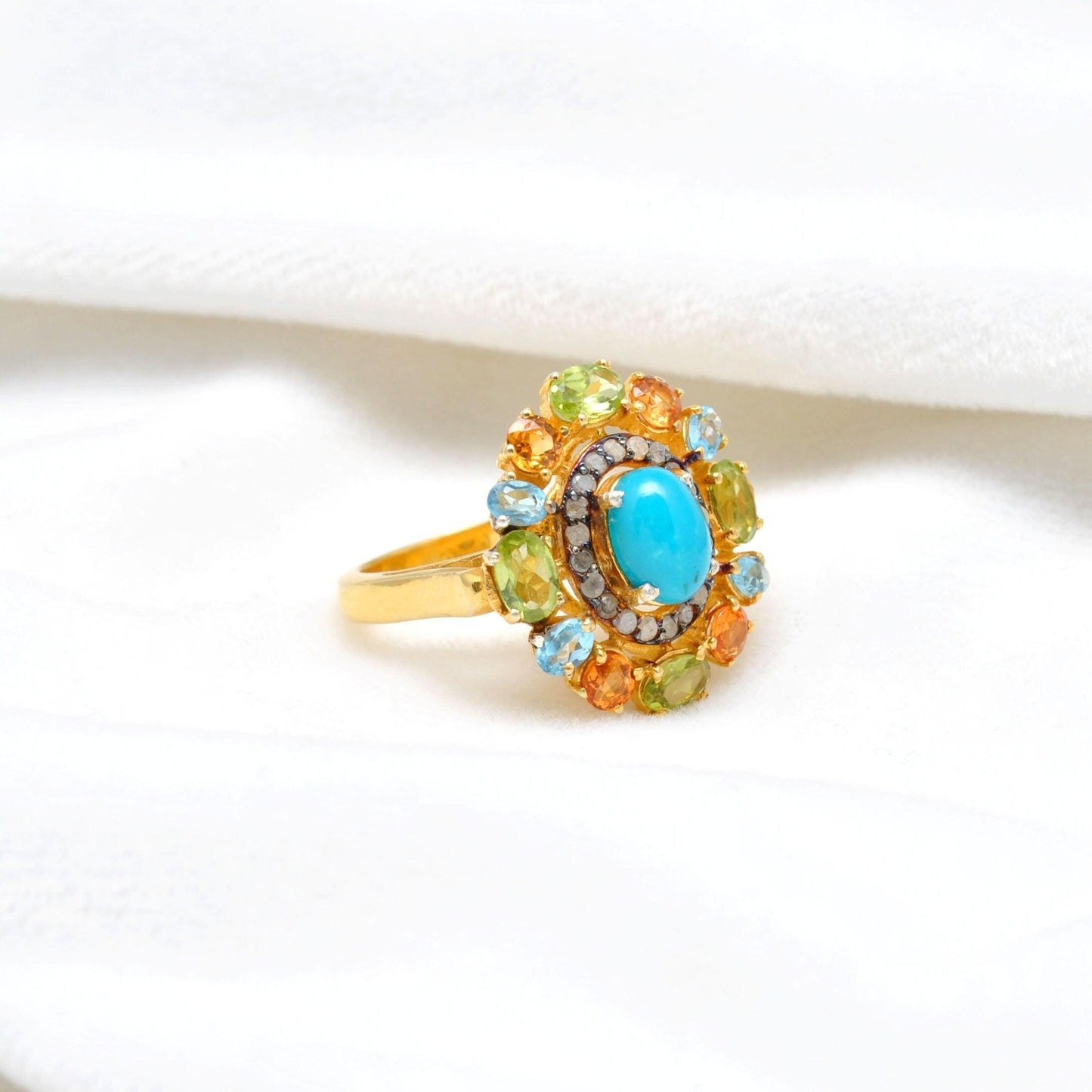 Multi Gemstone Diamond 18k Gold Plated Turquoise Victorian Rings Kanish