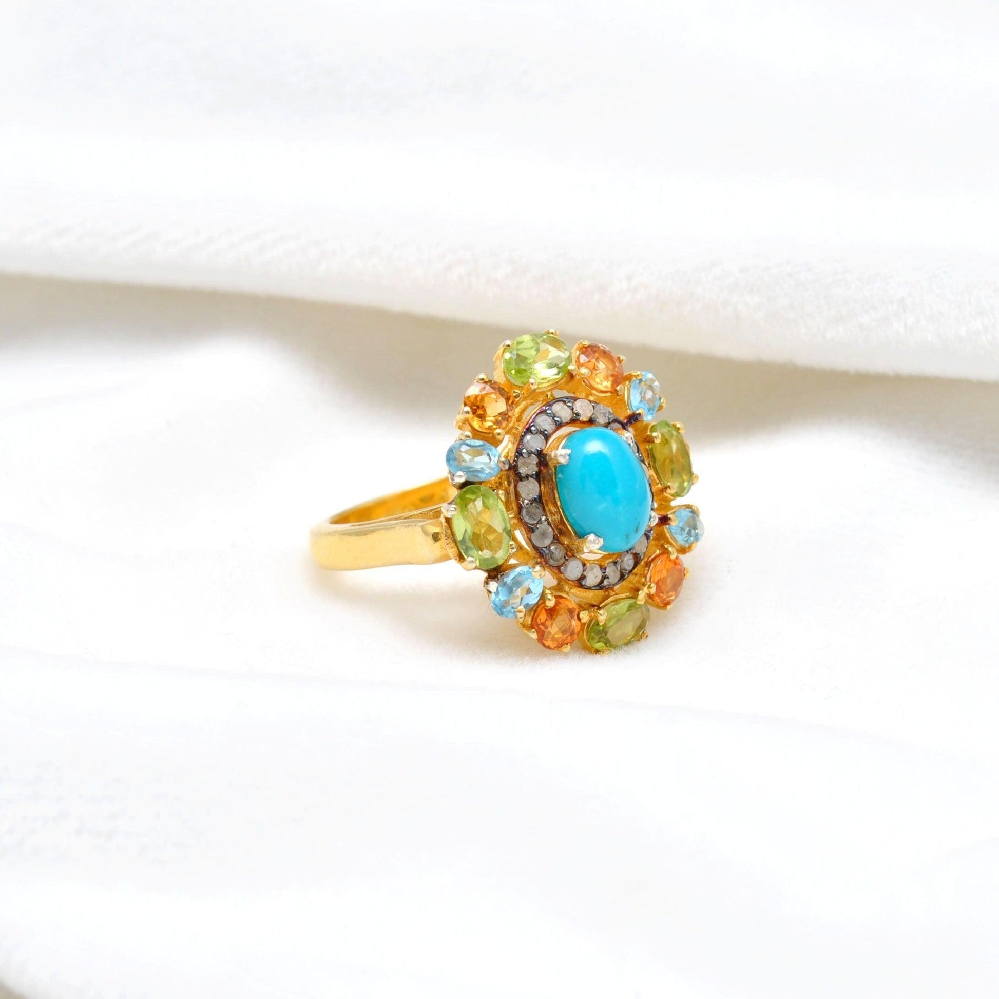 Multi Gemstone Diamond 18k Gold Plated Turquoise Victorian Rings Kanish