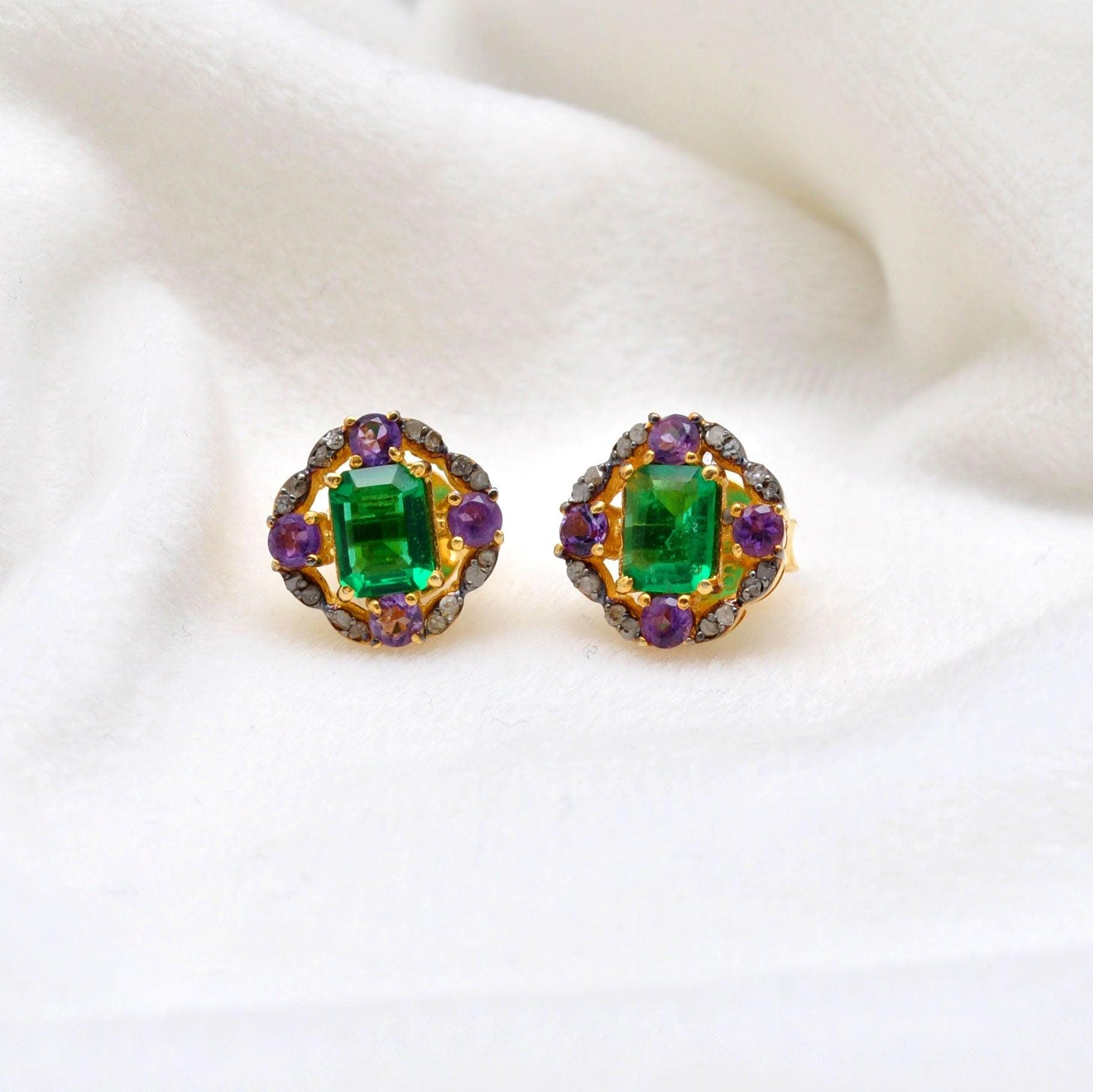 Baguette Emerald Diamond Silver Stud Amethyst Jewelry Kanish