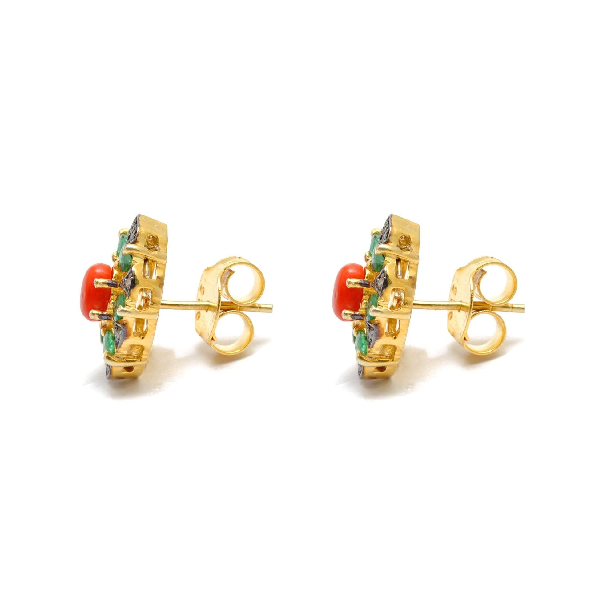 Coral Emerald & Pave Diamond Stud Earrings Kanish