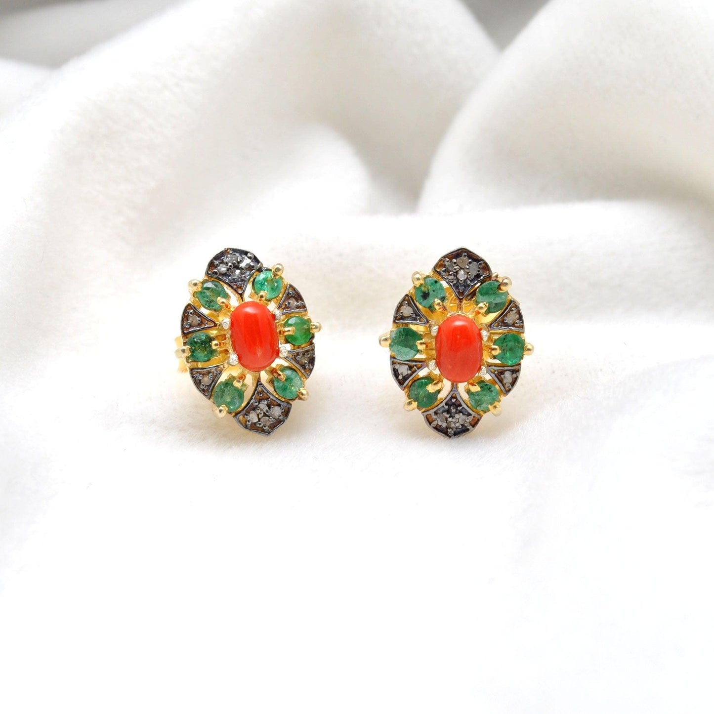 Coral Emerald & Pave Diamond Stud Earrings Kanish