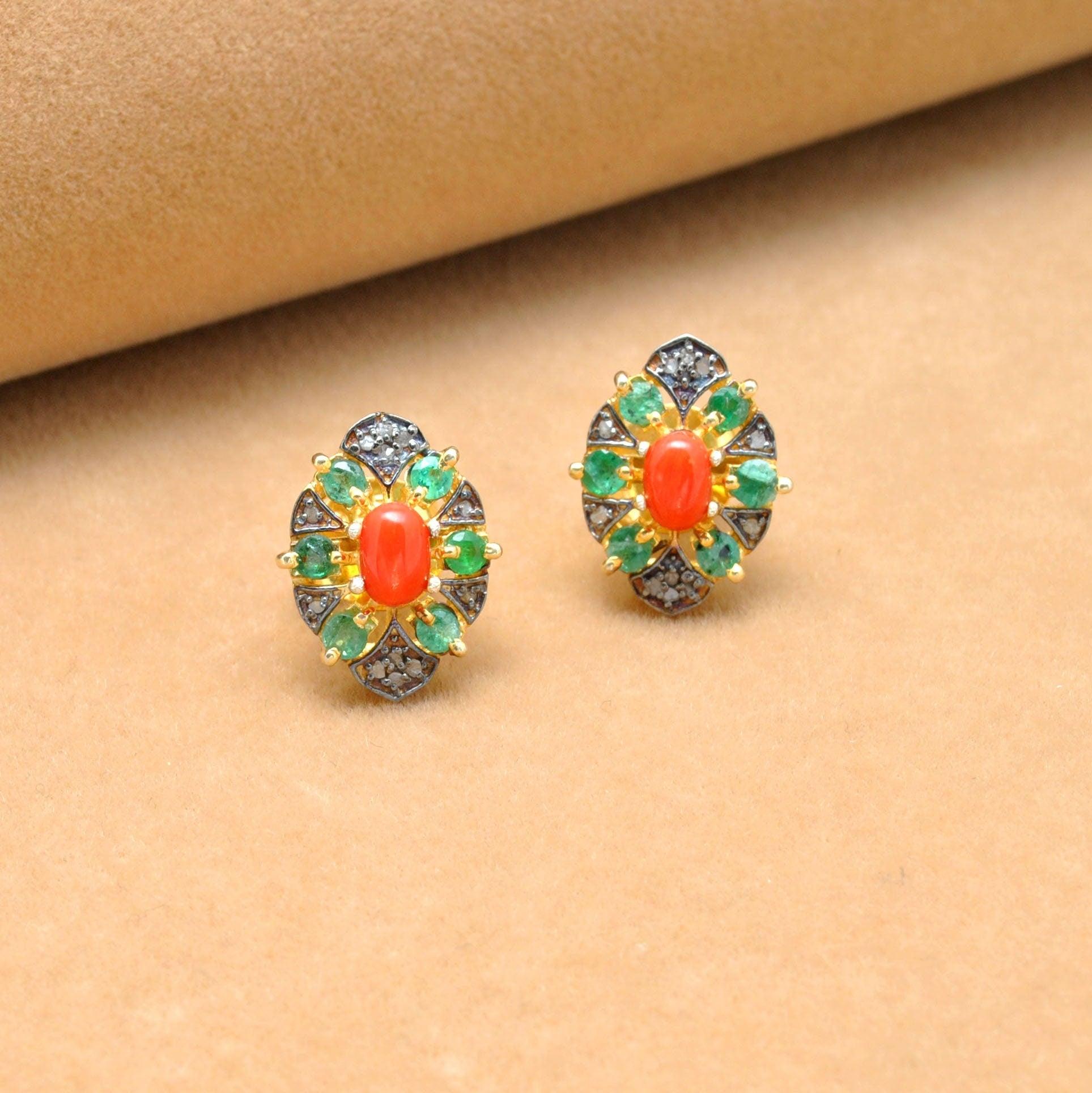 Coral Emerald & Pave Diamond Stud Earrings Kanish