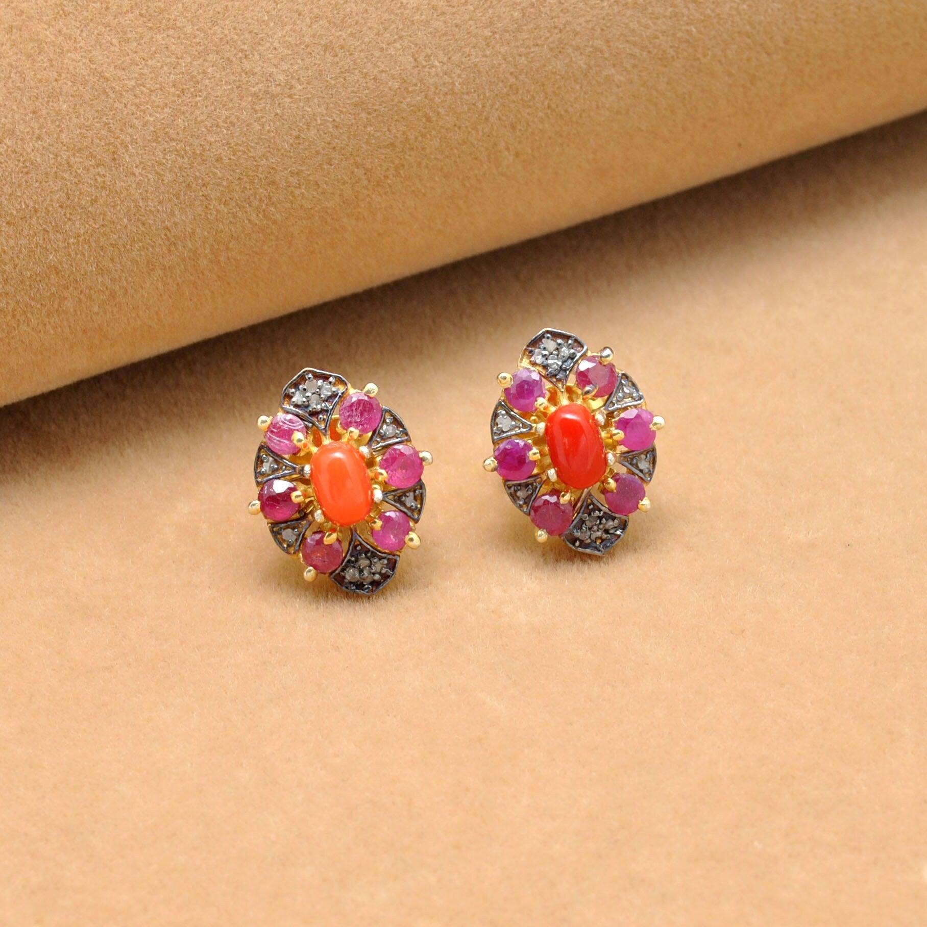 Victorian Coral with Ruby Pave Diamond Stud Earring Kanish