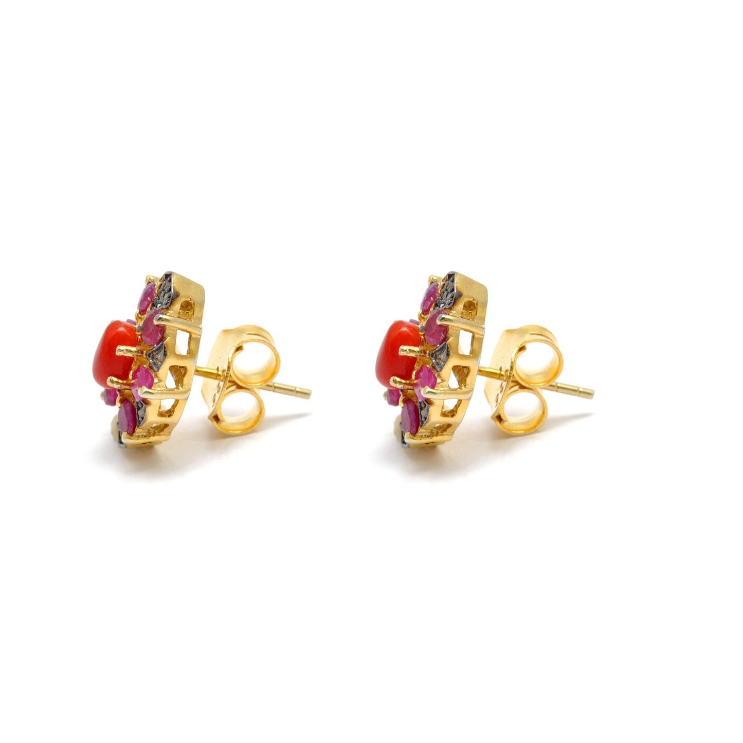 Victorian Coral with Ruby Pave Diamond Stud Earring Kanish