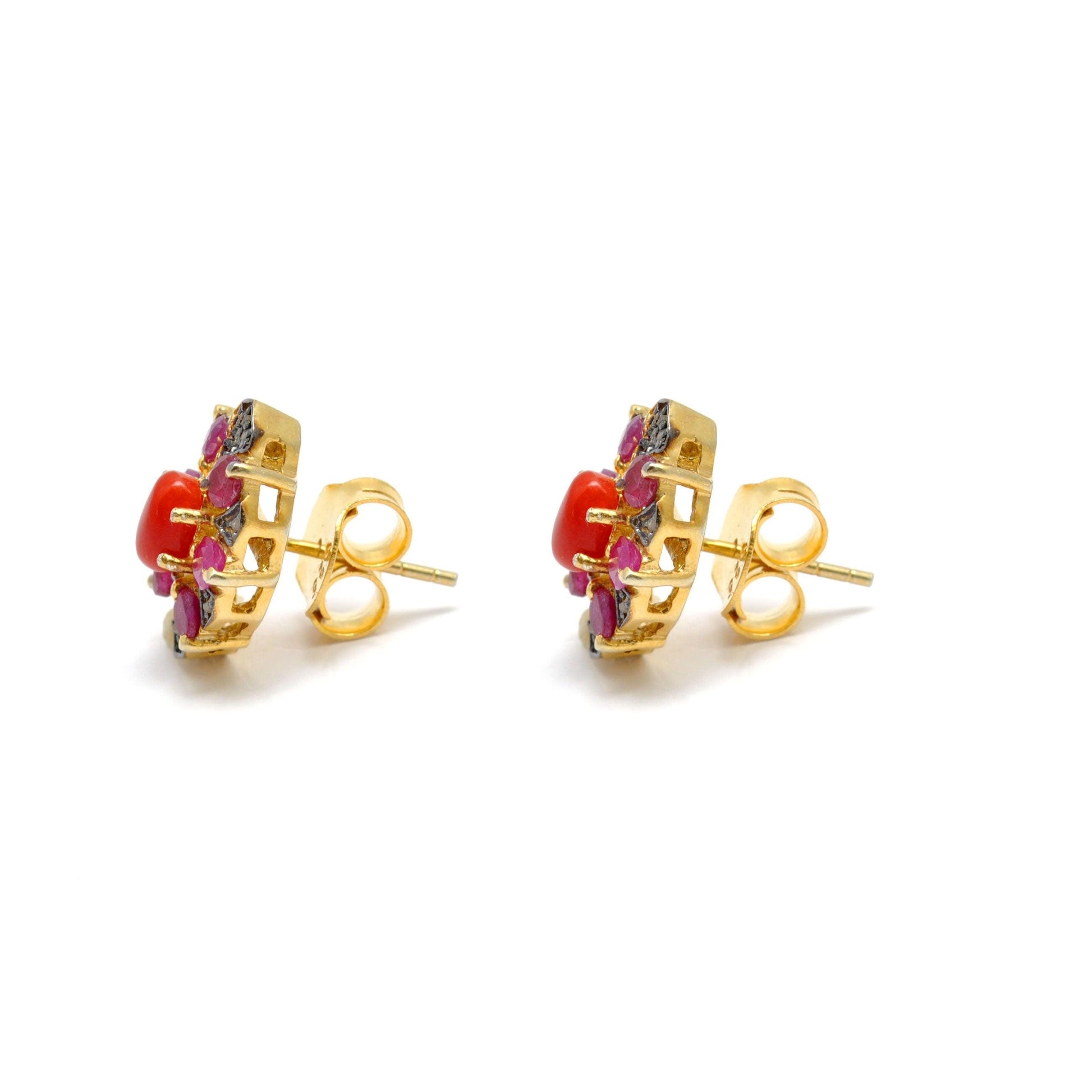 Victorian Coral with Ruby Pave Diamond Stud Earring Kanish