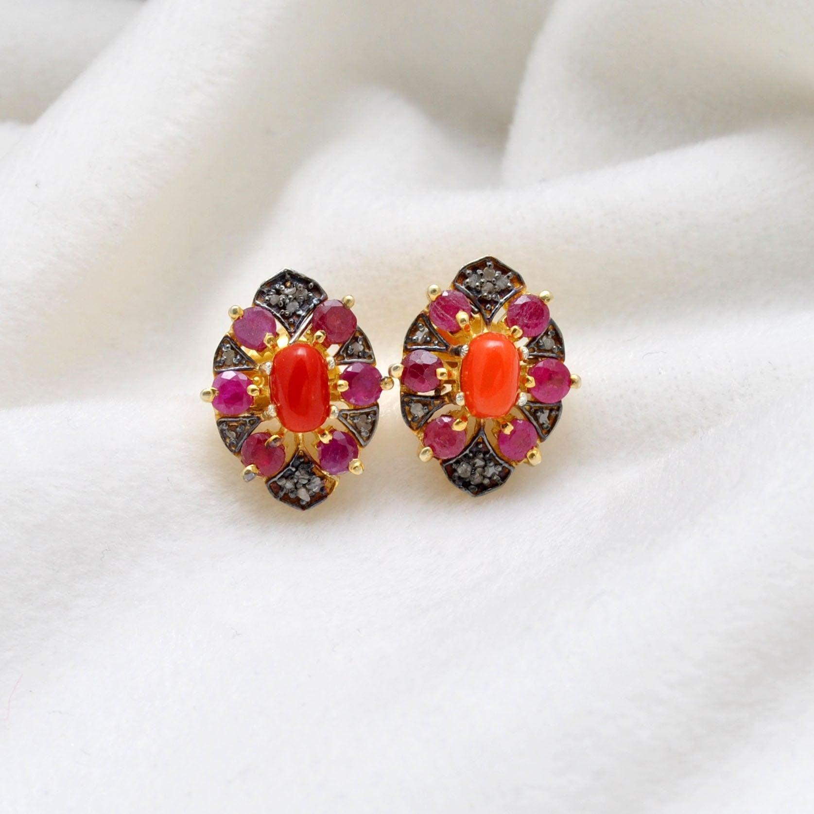 Victorian Coral with Ruby Pave Diamond Stud Earring Kanish