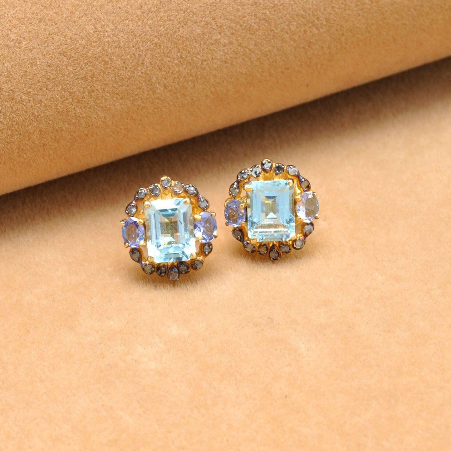 Diamond Blue Topaz Tanzanite Gemstone Earring Stud Kanish