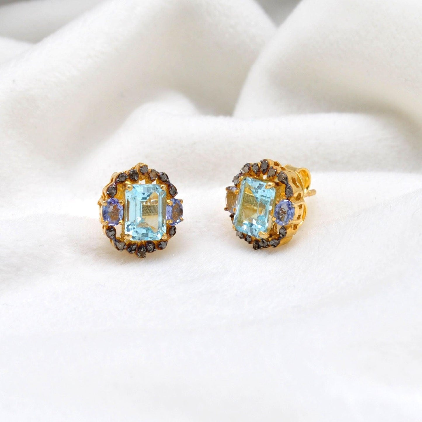Diamond Blue Topaz Tanzanite Gemstone Earring Stud Kanish