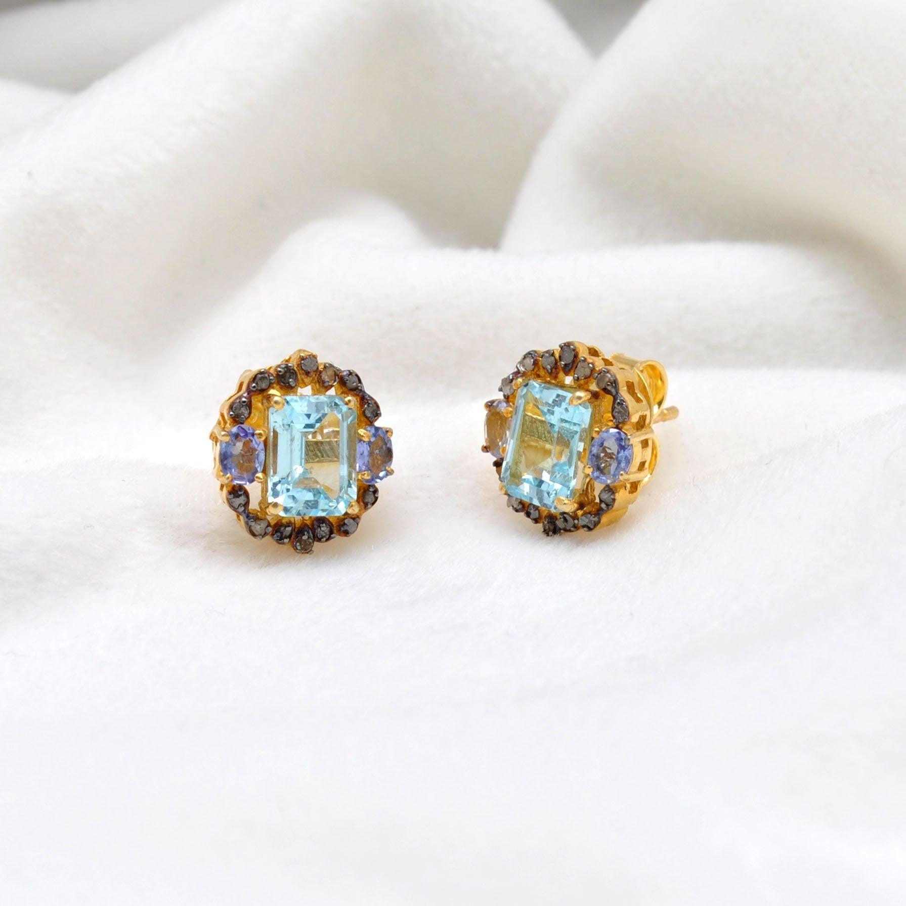Diamond Blue Topaz Tanzanite Gemstone Earring Stud Kanish