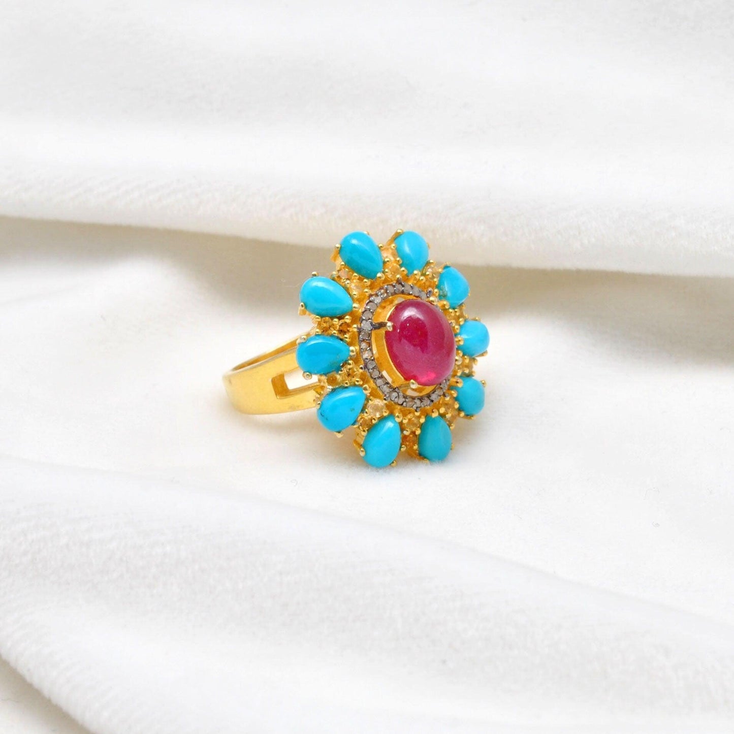 Victorian Ruby with Turquoise Silver Diamond Ring Size 7 Kanish