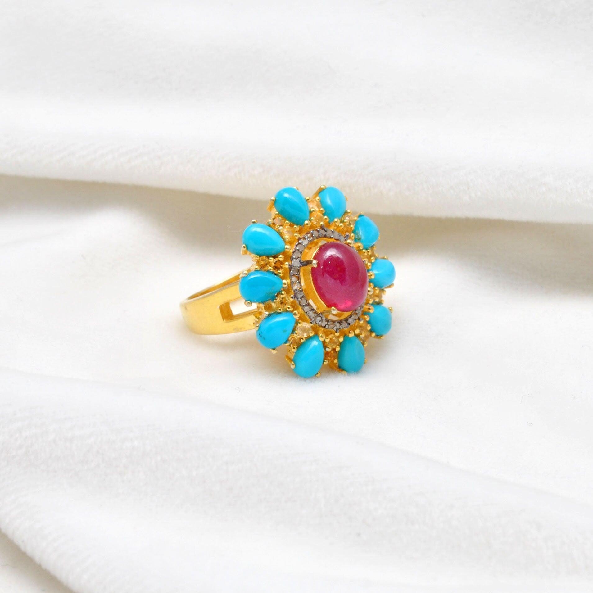 Victorian Ruby with Turquoise Silver Diamond Ring Size 7 Kanish