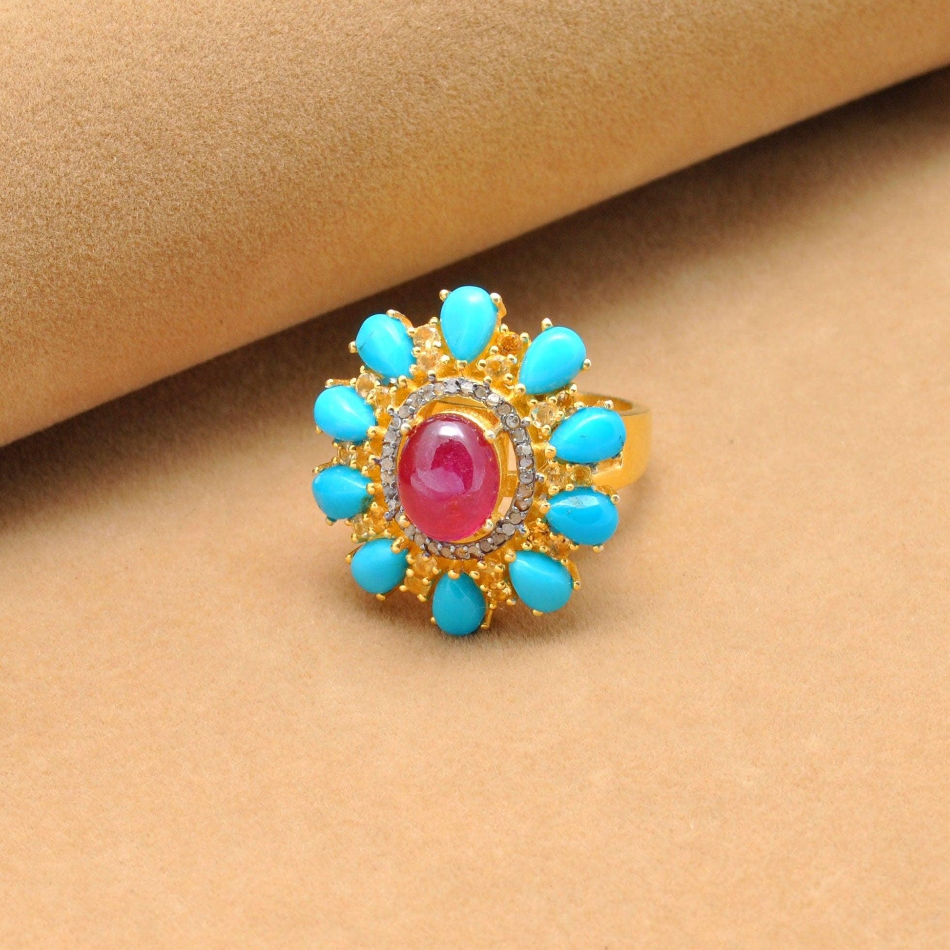 Victorian Ruby with Turquoise Silver Diamond Ring Size 7 Kanish