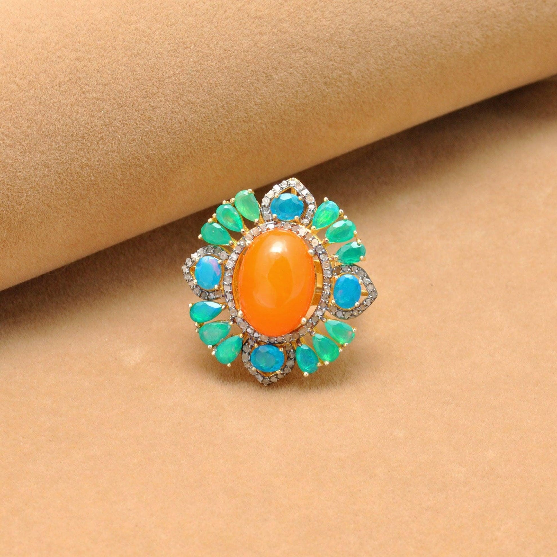 Victorian Diamond Fire Opal 18k Gold Finish Silver Ring Size 7 Kanish