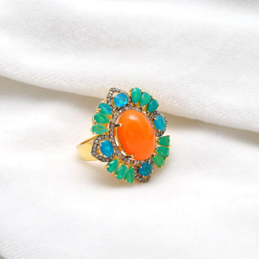 Victorian Diamond Fire Opal 18k Gold Finish Silver Ring Size 7 - Kanish