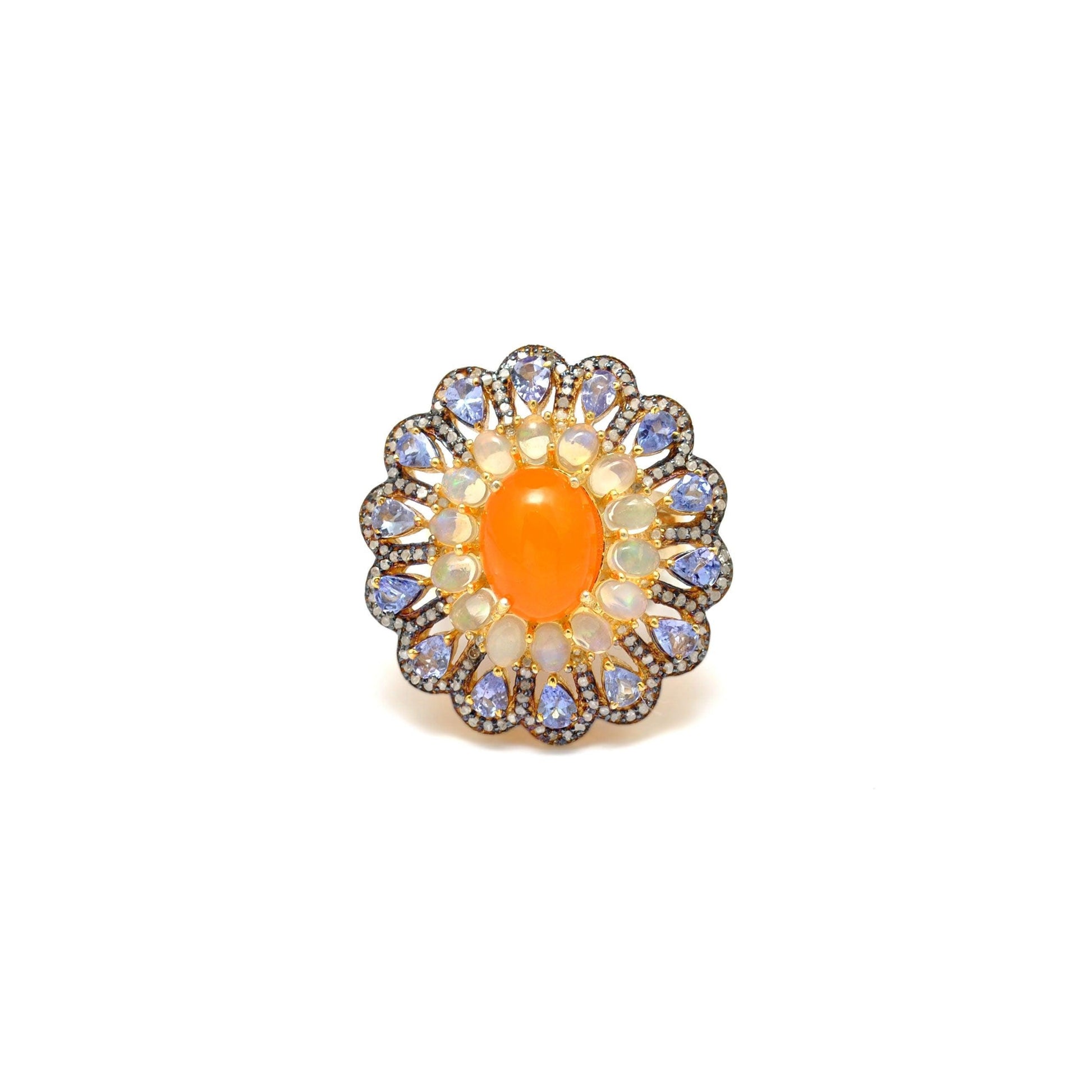 Victorian Tanzanite With Opal Diamond Silver Ring Size 7 - Kanish