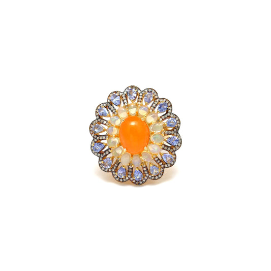 Victorian Tanzanite With Opal Diamond Silver Ring Size 7 - Kanish