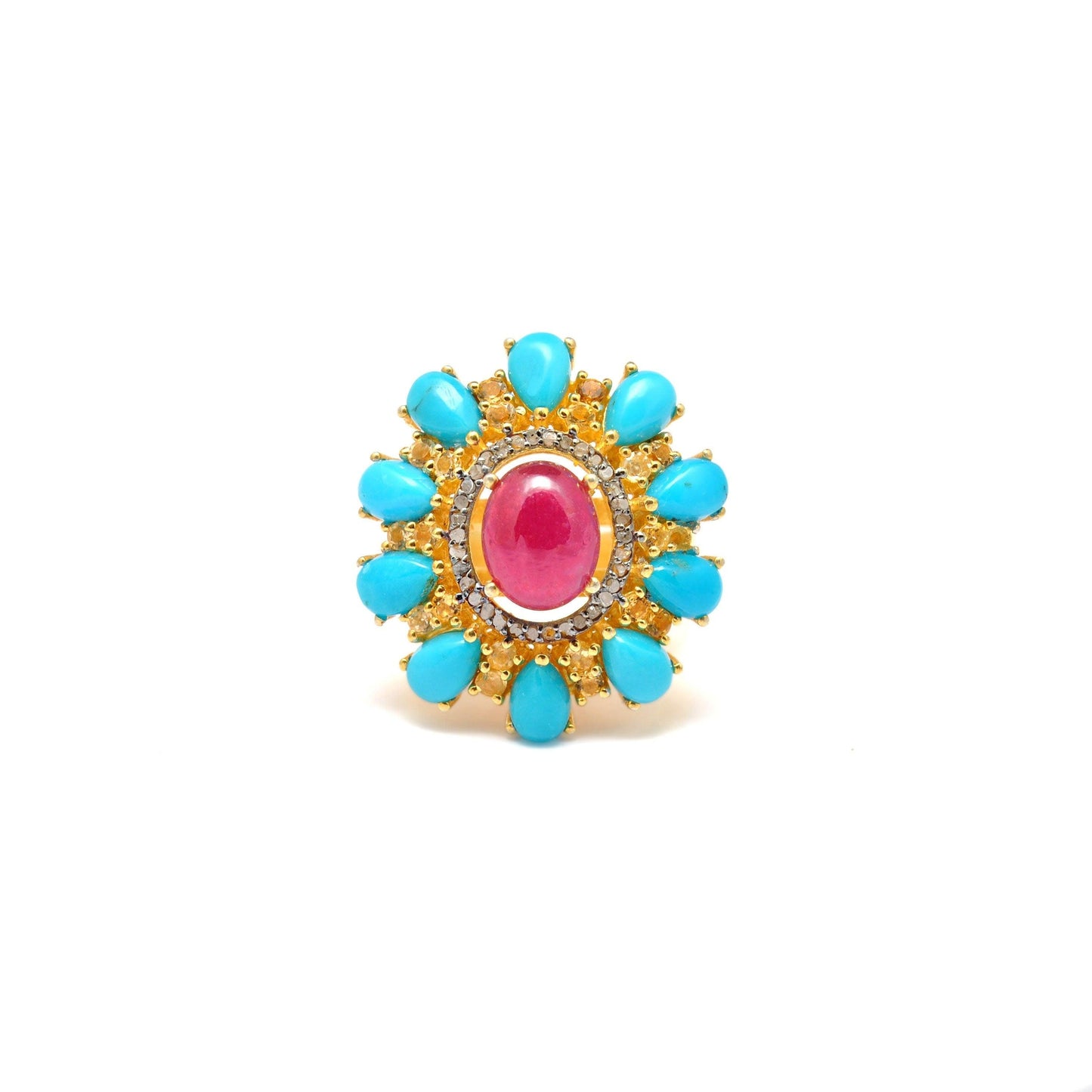 Victorian Ruby with Turquoise Silver Diamond Ring Size 7 - Kanish