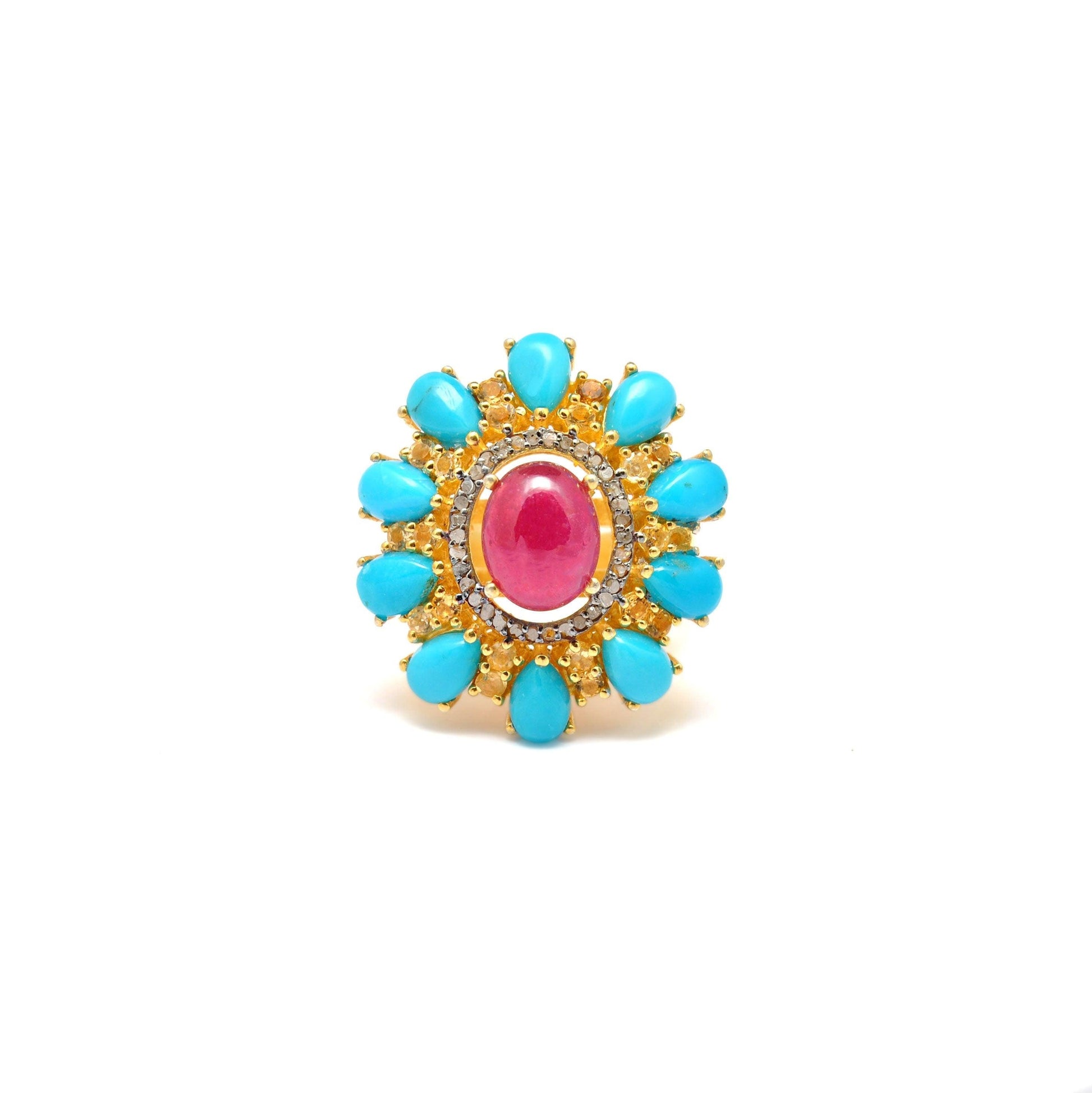 Victorian Ruby with Turquoise Silver Diamond Ring Size 7 - Kanish