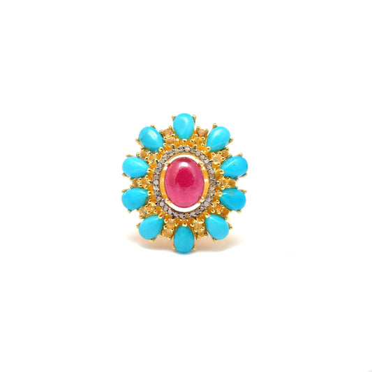 Victorian Ruby with Turquoise Silver Diamond Ring Size 7 - Kanish