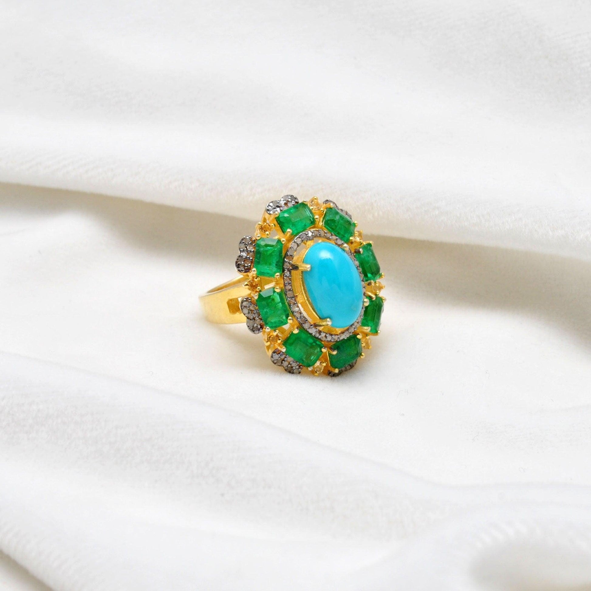 Victorian Turquoise Emerald Engagement Ring Kanish