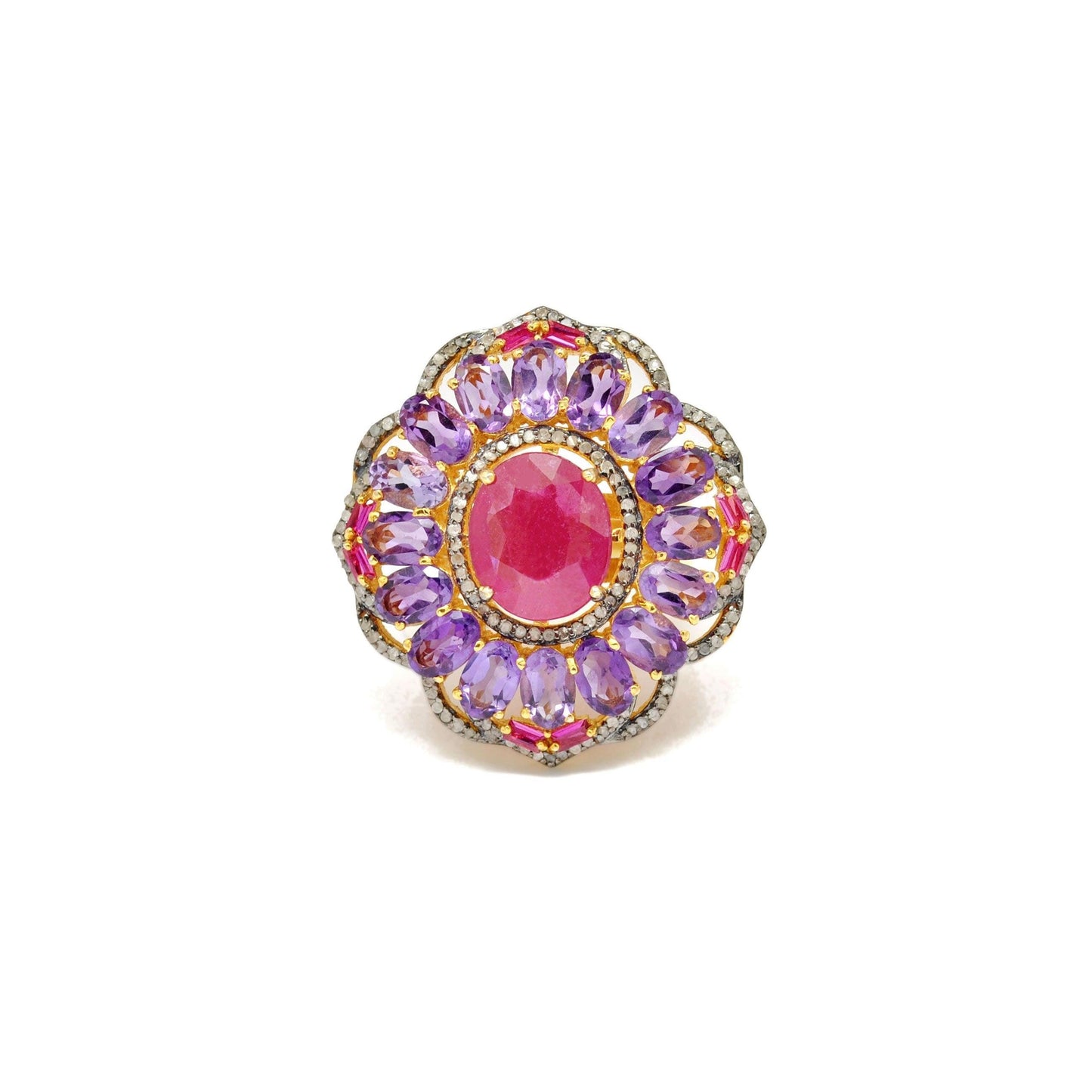 925 Sterling Silver Pave Diamond & Ruby Victorian Ring - Kanish
