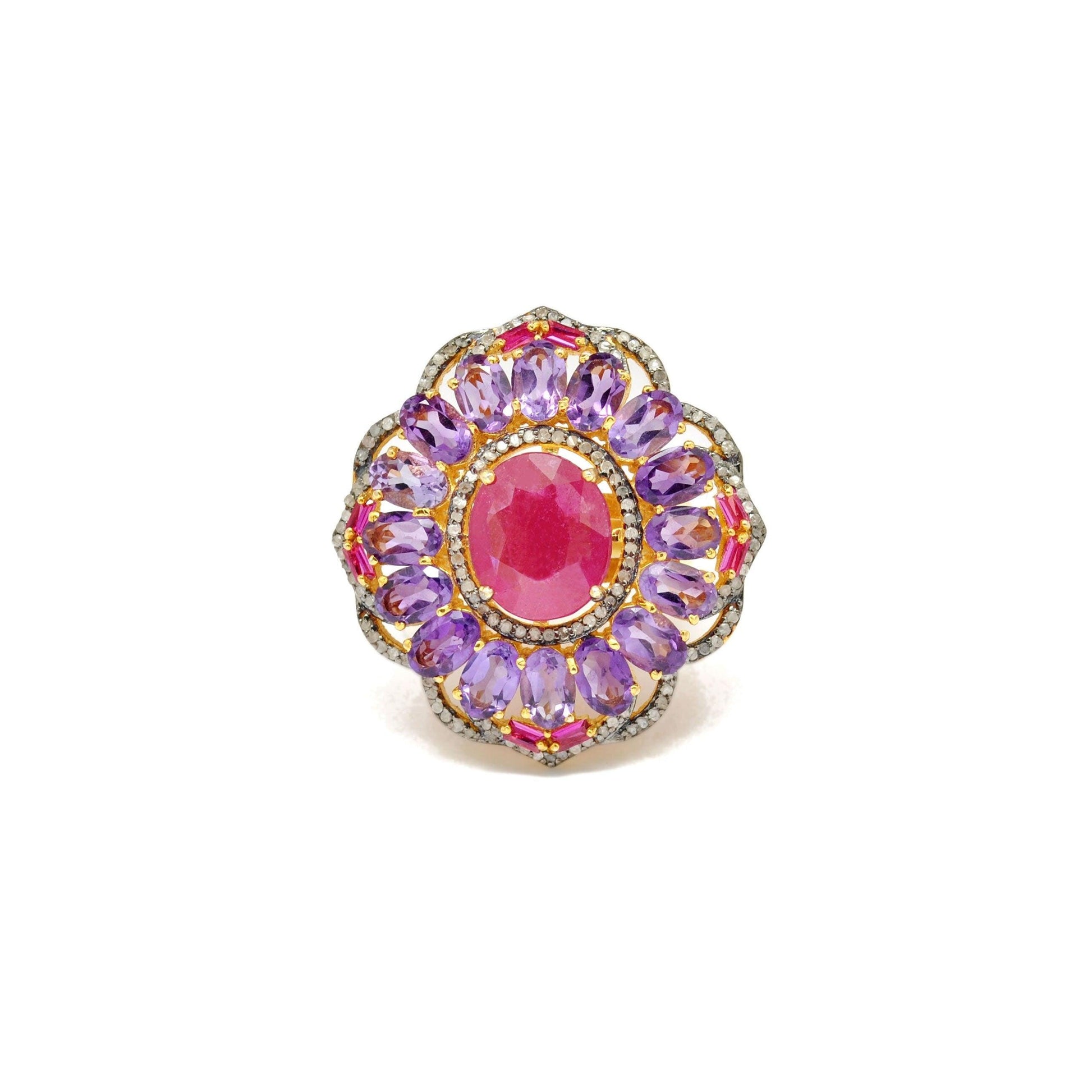 925 Sterling Silver Pave Diamond & Ruby Victorian Ring - Kanish