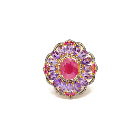 925 Sterling Silver Pave Diamond & Ruby Victorian Ring - Kanish