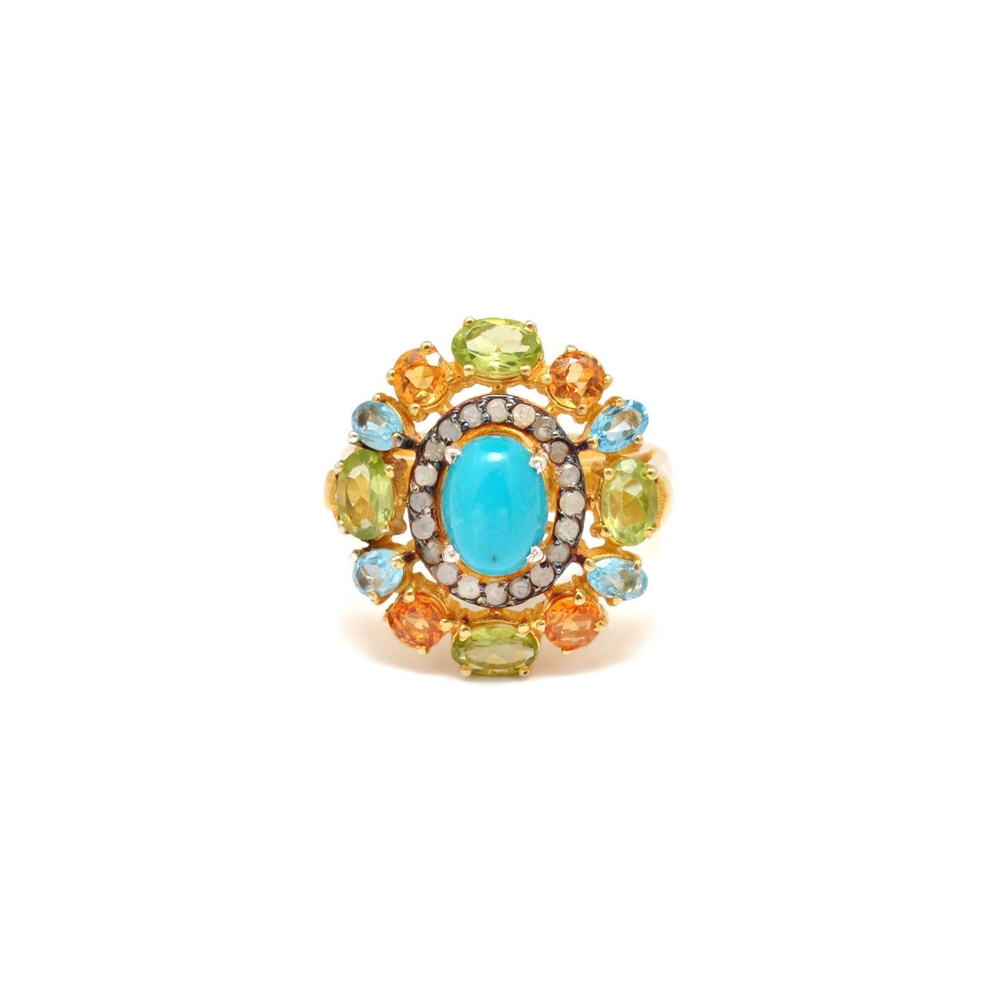 Multi Gemstone Diamond 18k Gold Plated Turquoise Victorian Rings - Kanish
