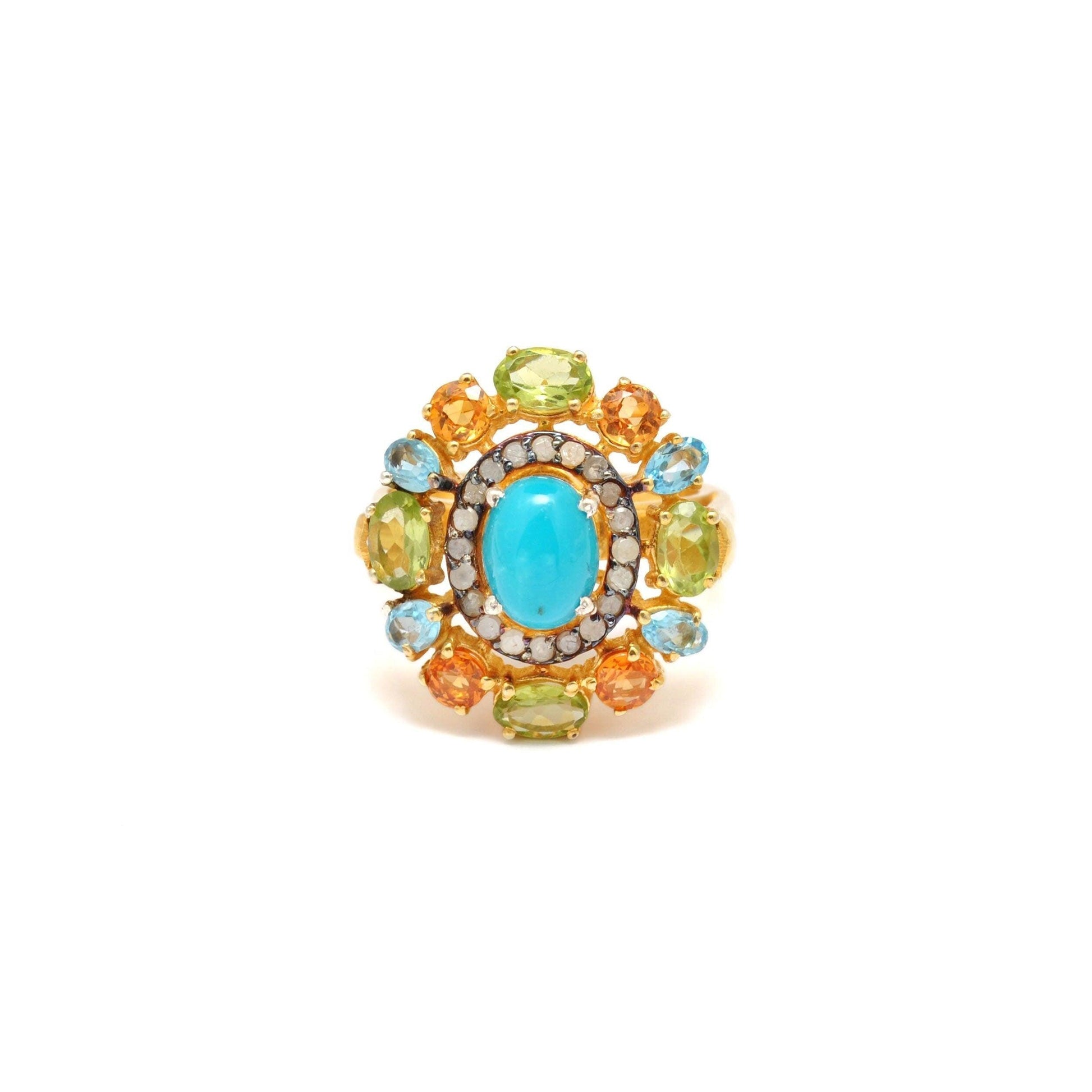 Multi Gemstone Diamond 18k Gold Plated Turquoise Victorian Rings - Kanish