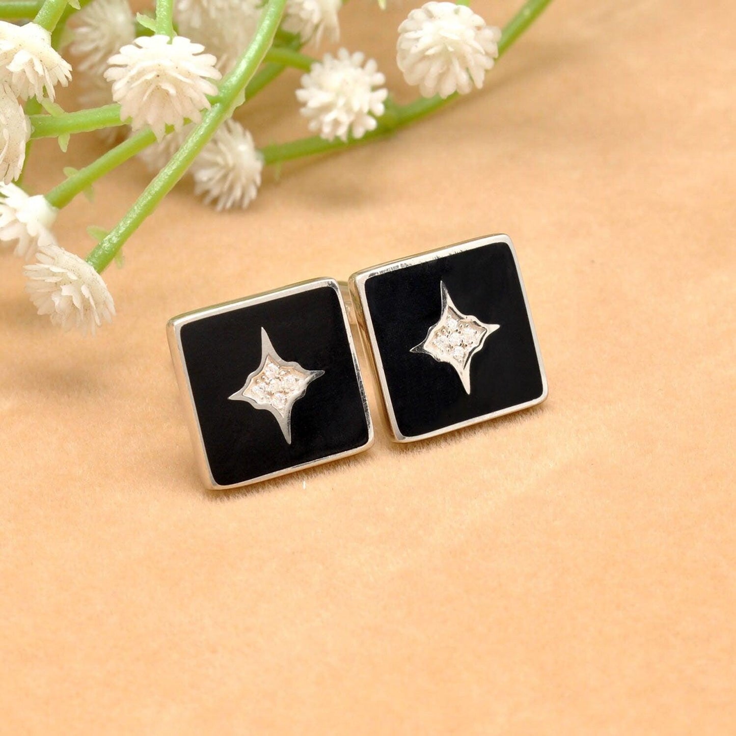 Cz Starburst Black Silver Cufflinks Jewelry Kanish
