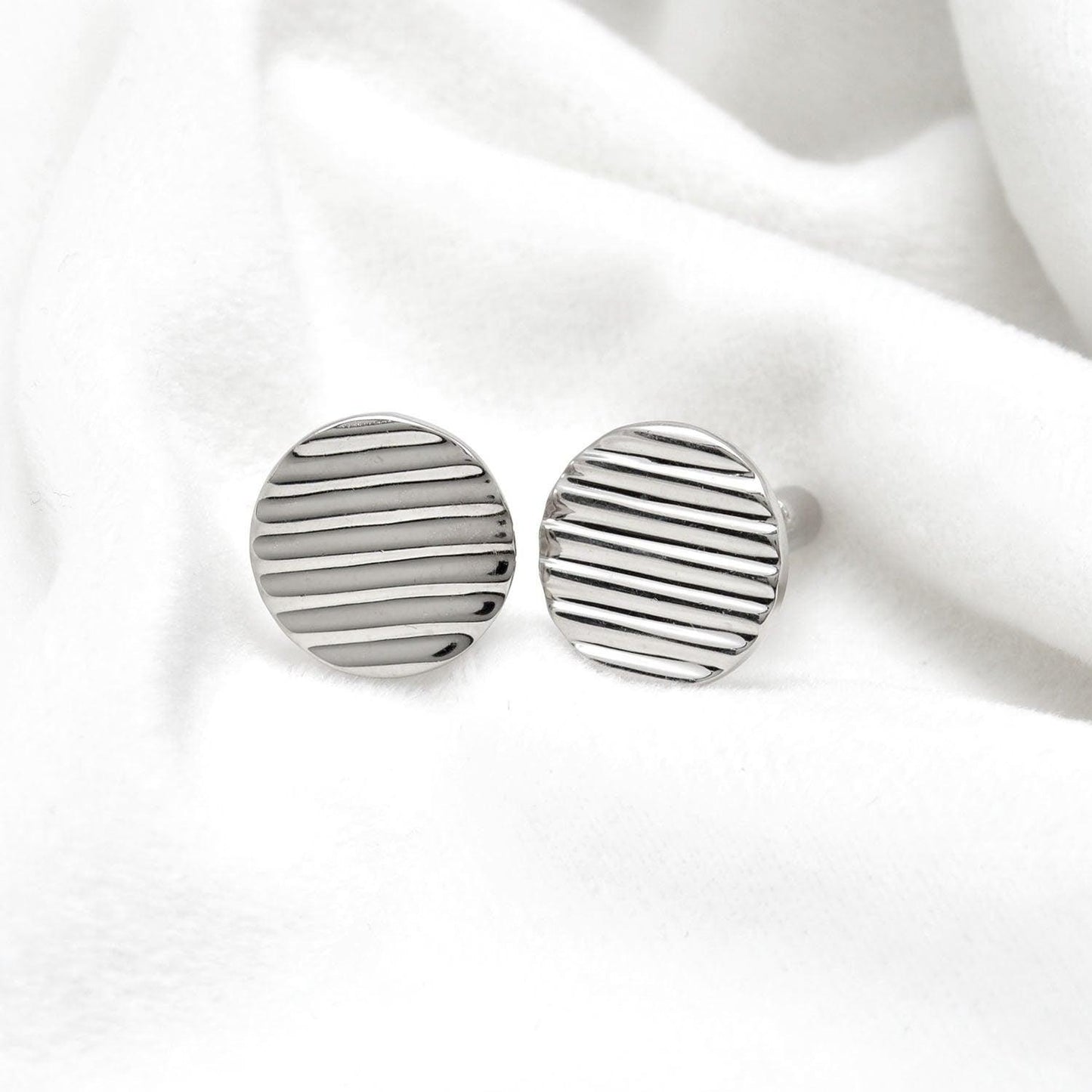 Round Striped Cufflink Silver Unisex Cufflinks Kanish