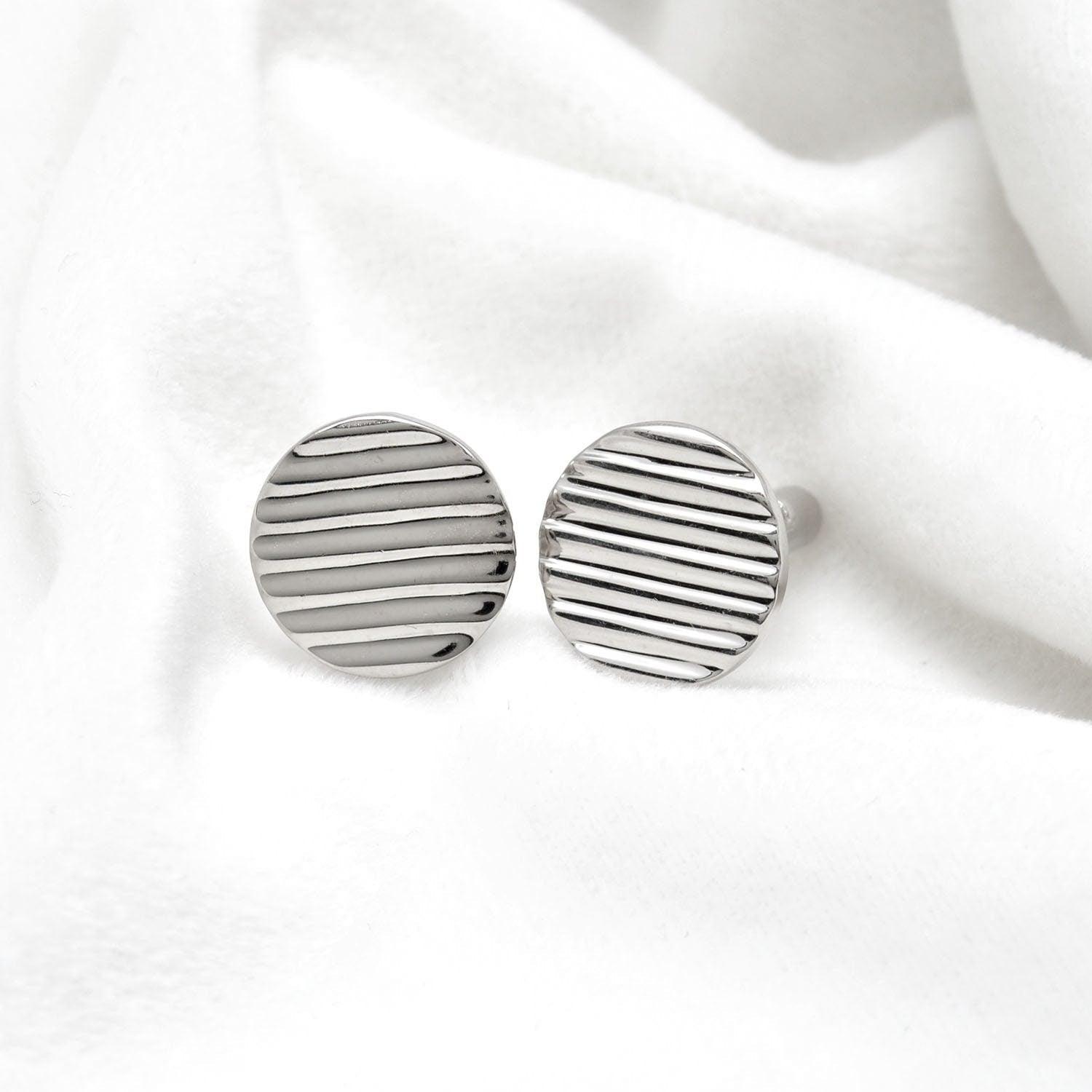 Round Striped Cufflink Silver Unisex Cufflinks Kanish