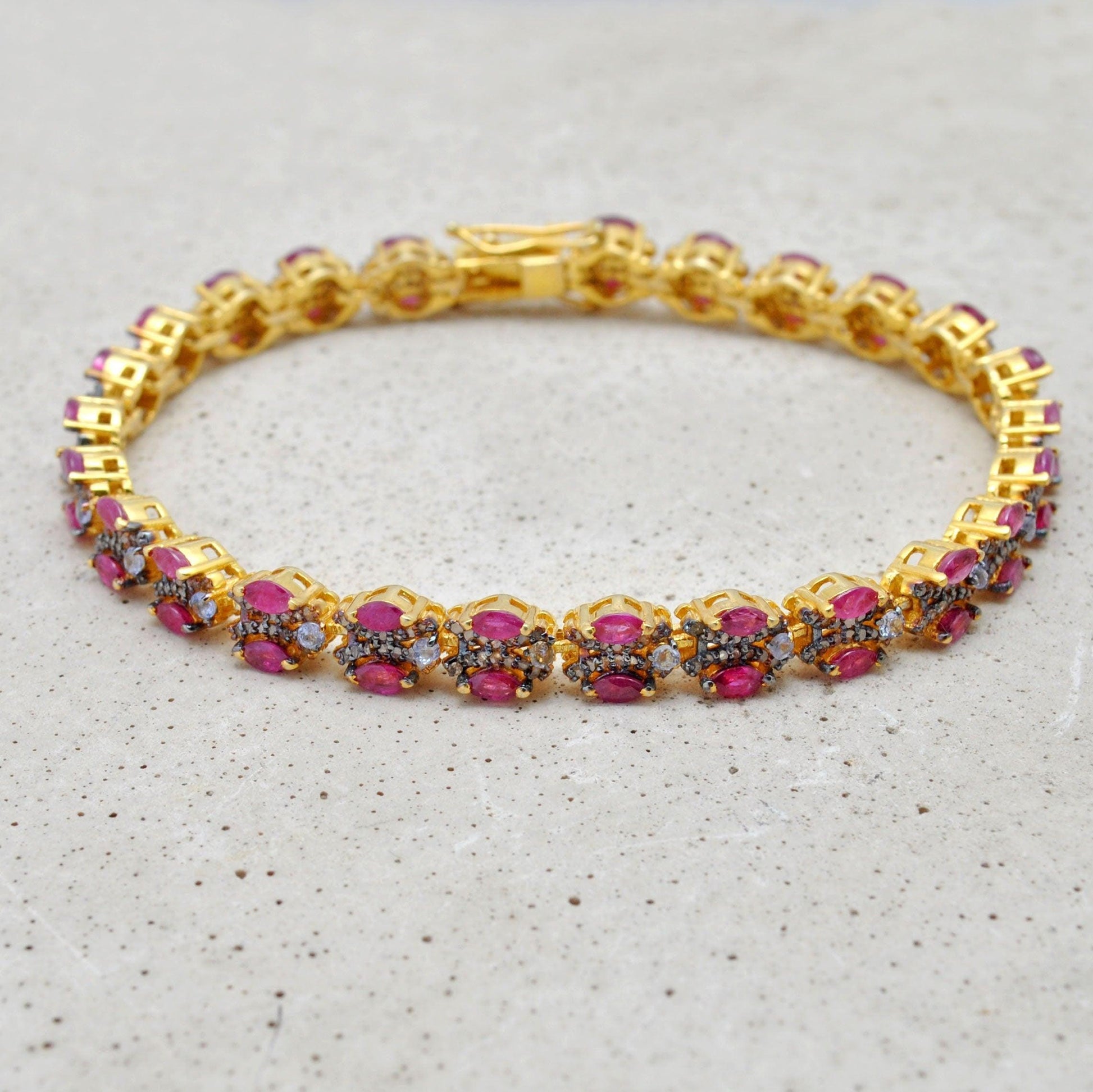 925 Sterling Silver Pave Diamond & Ruby 18k Gold Plated Bracelet Kanish