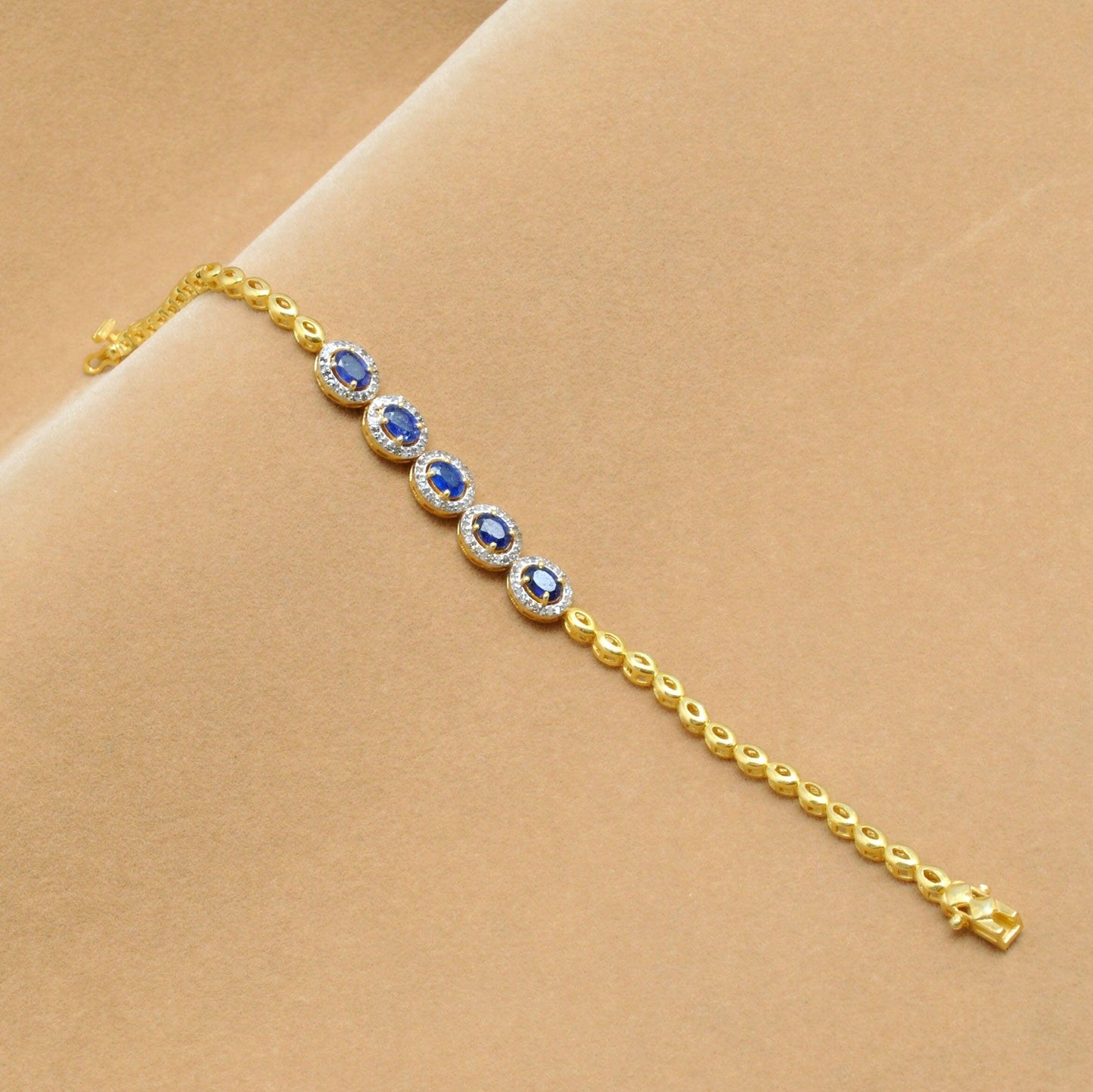 Diamond Solitaire Blue Sapphire Silver Bracelet Kanish