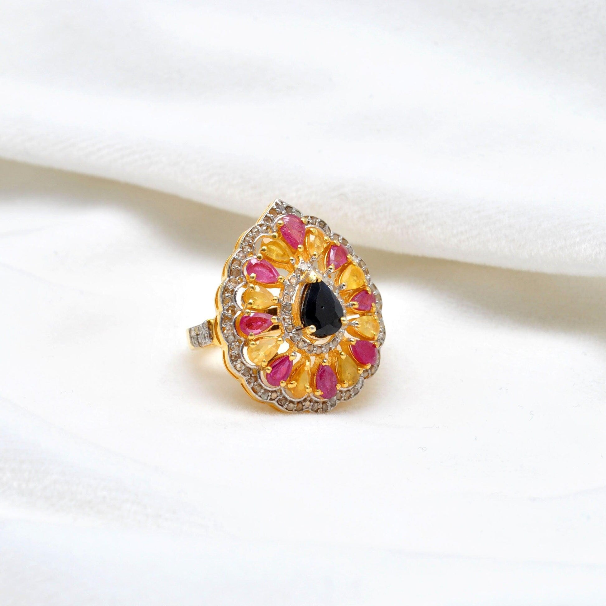 Multi Gemstone Diamond Victorian 18k Gold Ring Size 7 Kanish