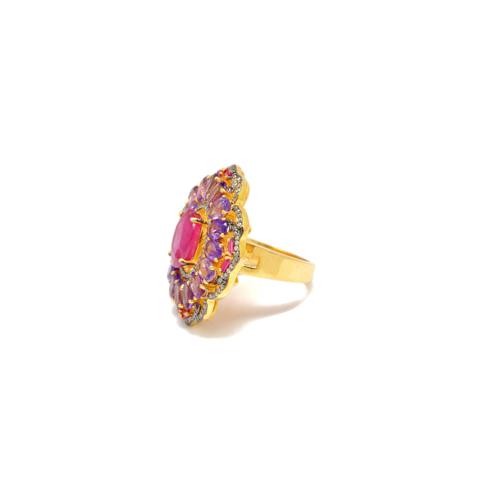 925 Sterling Silver Pave Diamond & Ruby Victorian Ring Kanish
