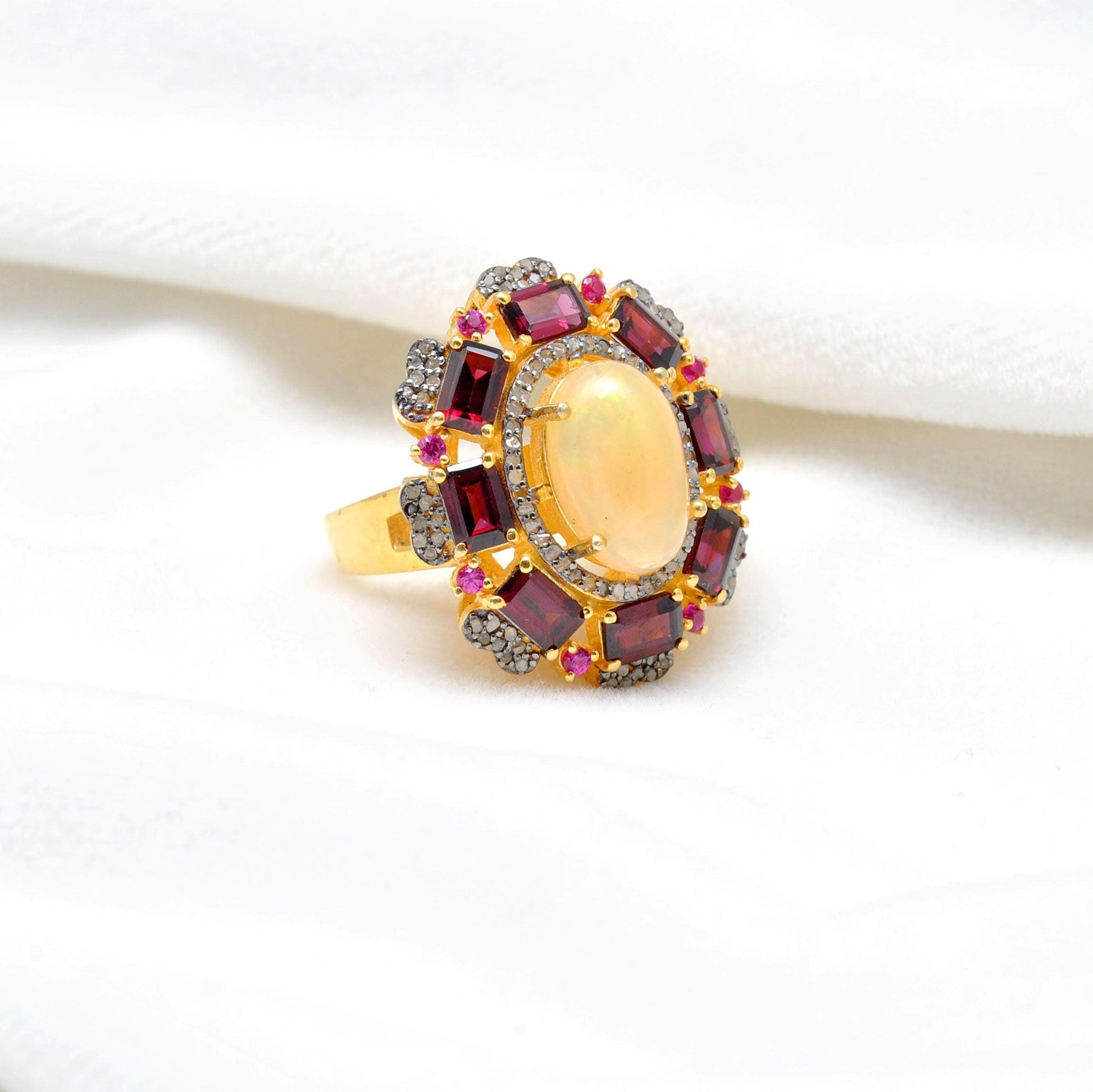 Baguette Garnet Ethiopian Opal Ring Halo Victorian Jewelry Kanish