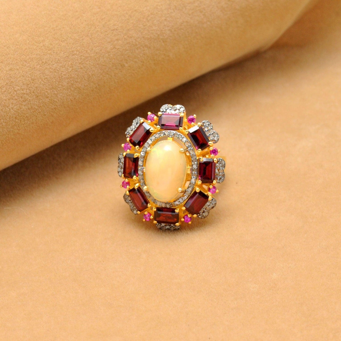 Baguette Garnet Ethiopian Opal Ring Halo Victorian Jewelry Kanish