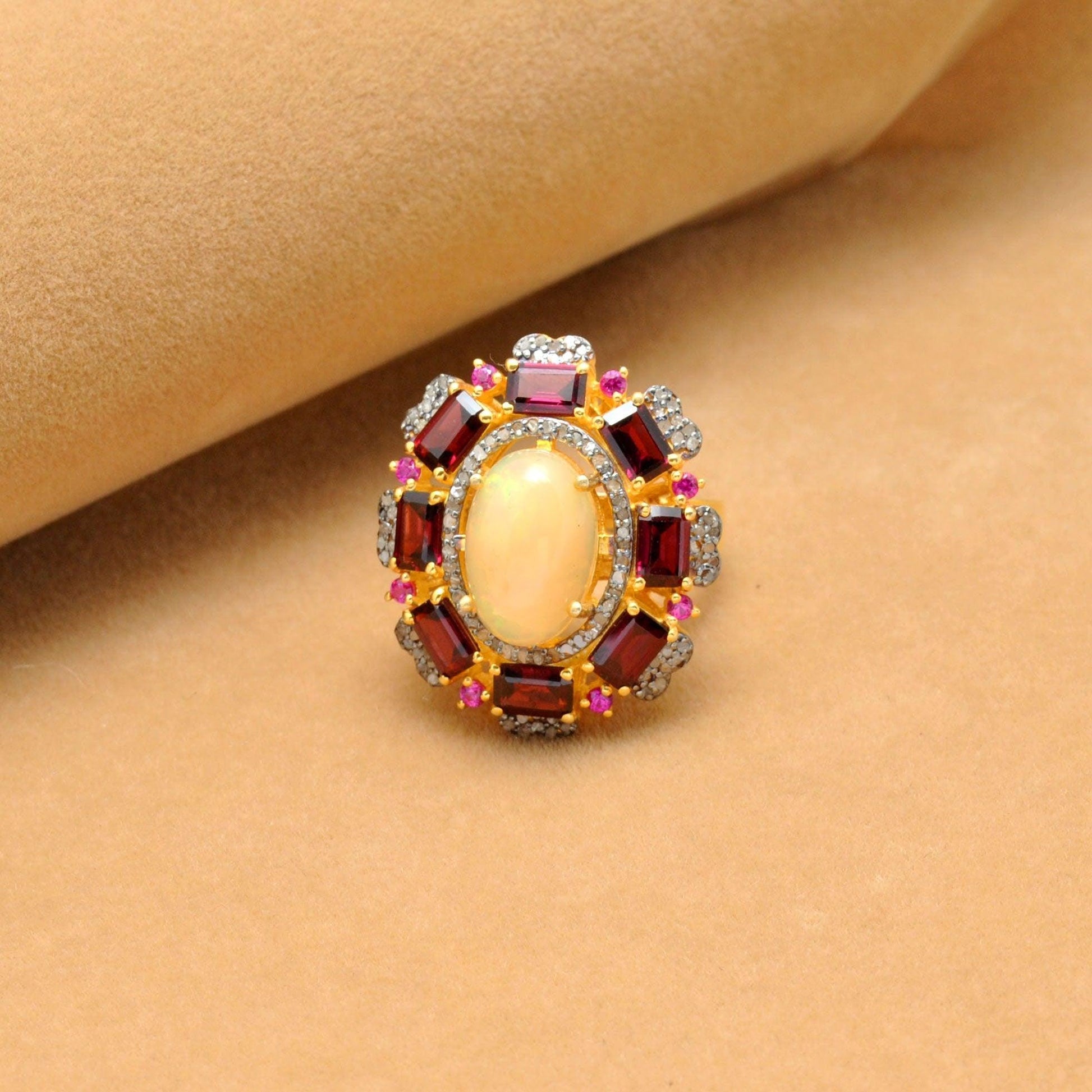 Baguette Garnet Ethiopian Opal Ring Halo Victorian Jewelry Kanish