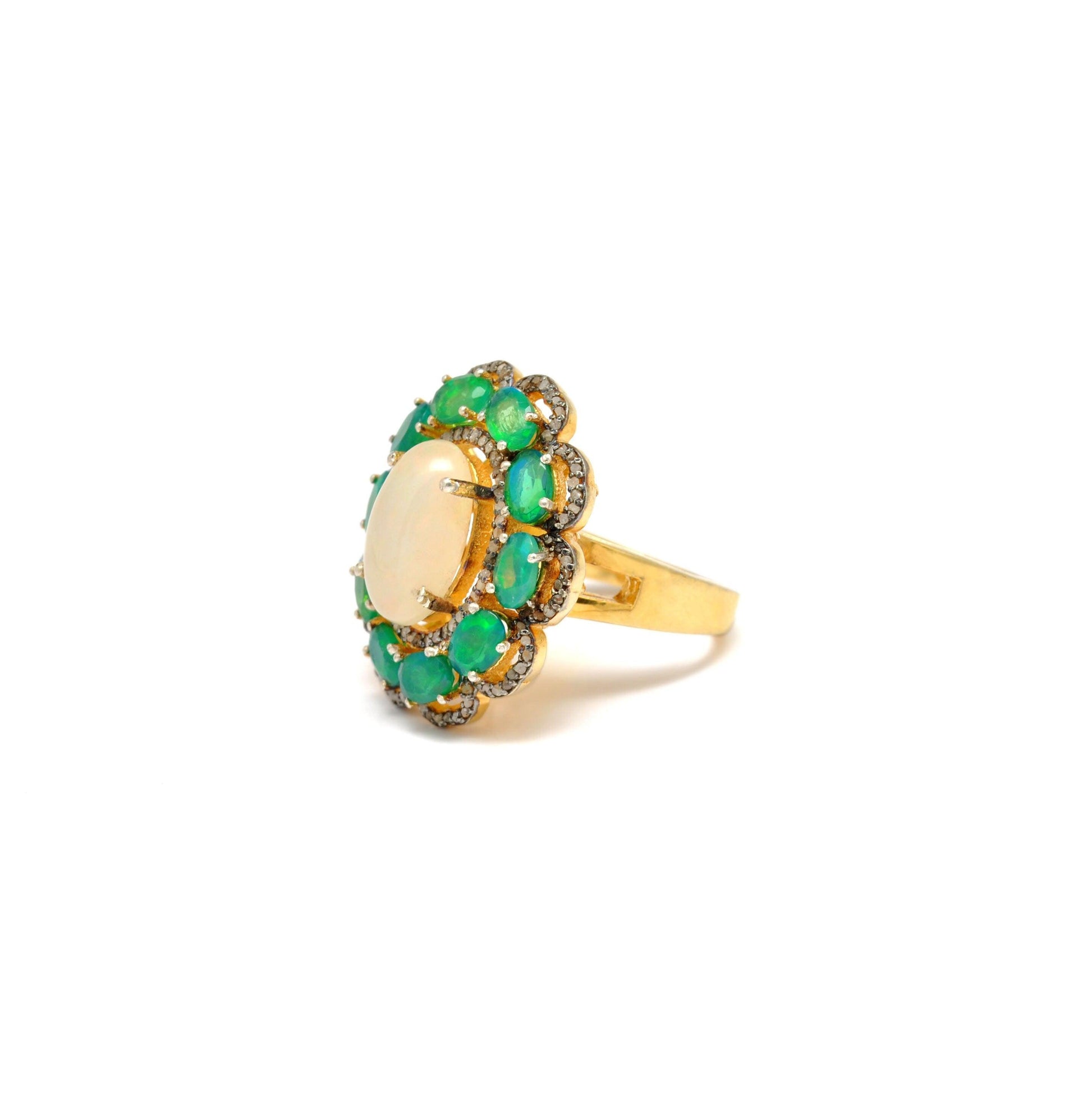 Estate Fire Opal Emerald Ring Halo Victorian Jewelry Kanish